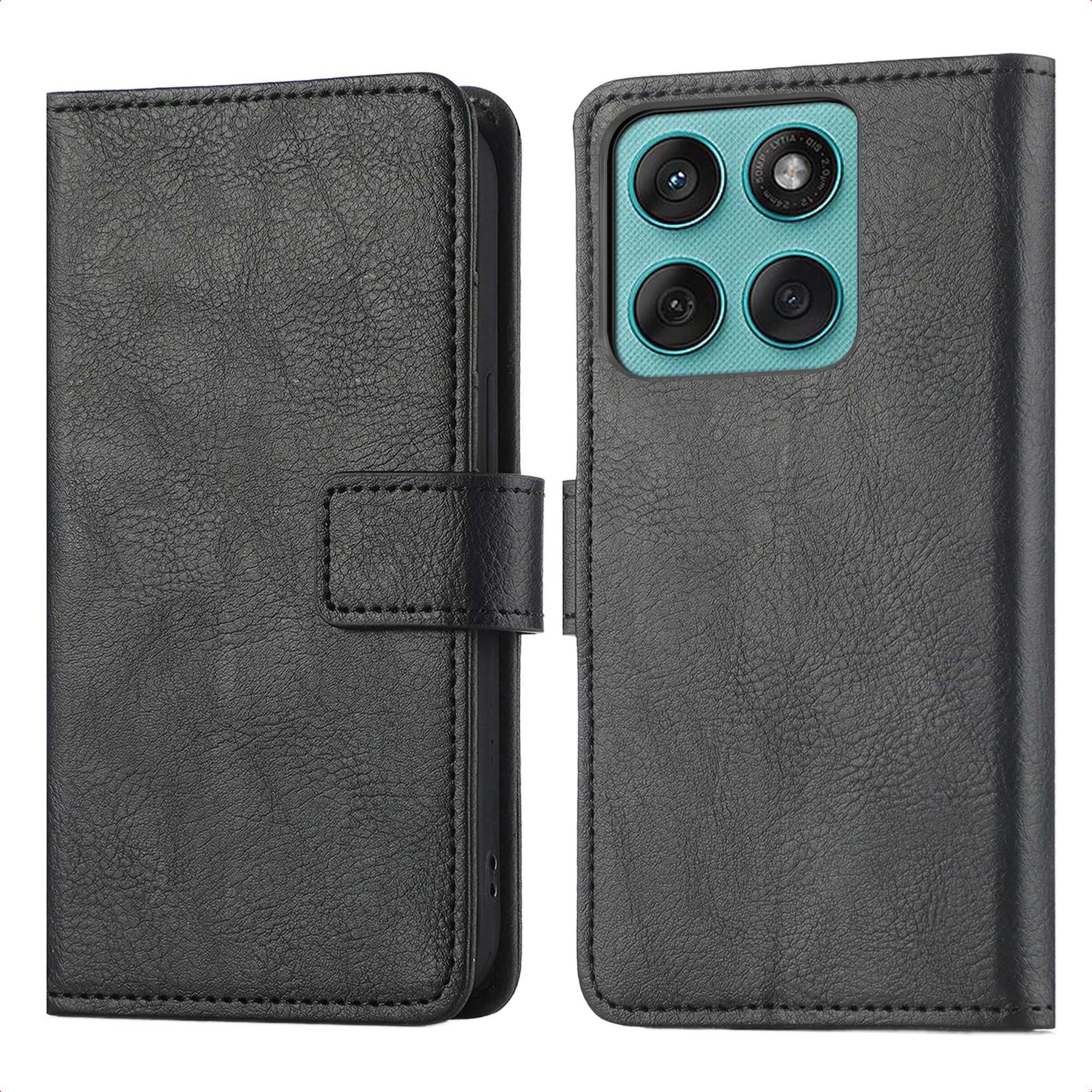 Étui de téléphone en cuir noir montrant avant et arrière, avec quatre caméras.