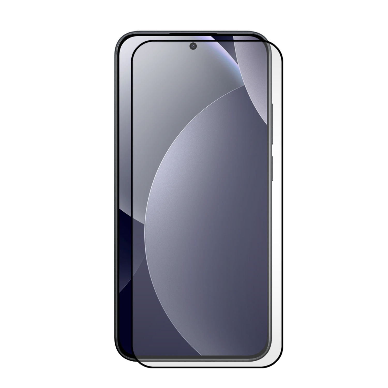 Een zwarte schermprotector op een smartphone met grijze en paarse cirkels.