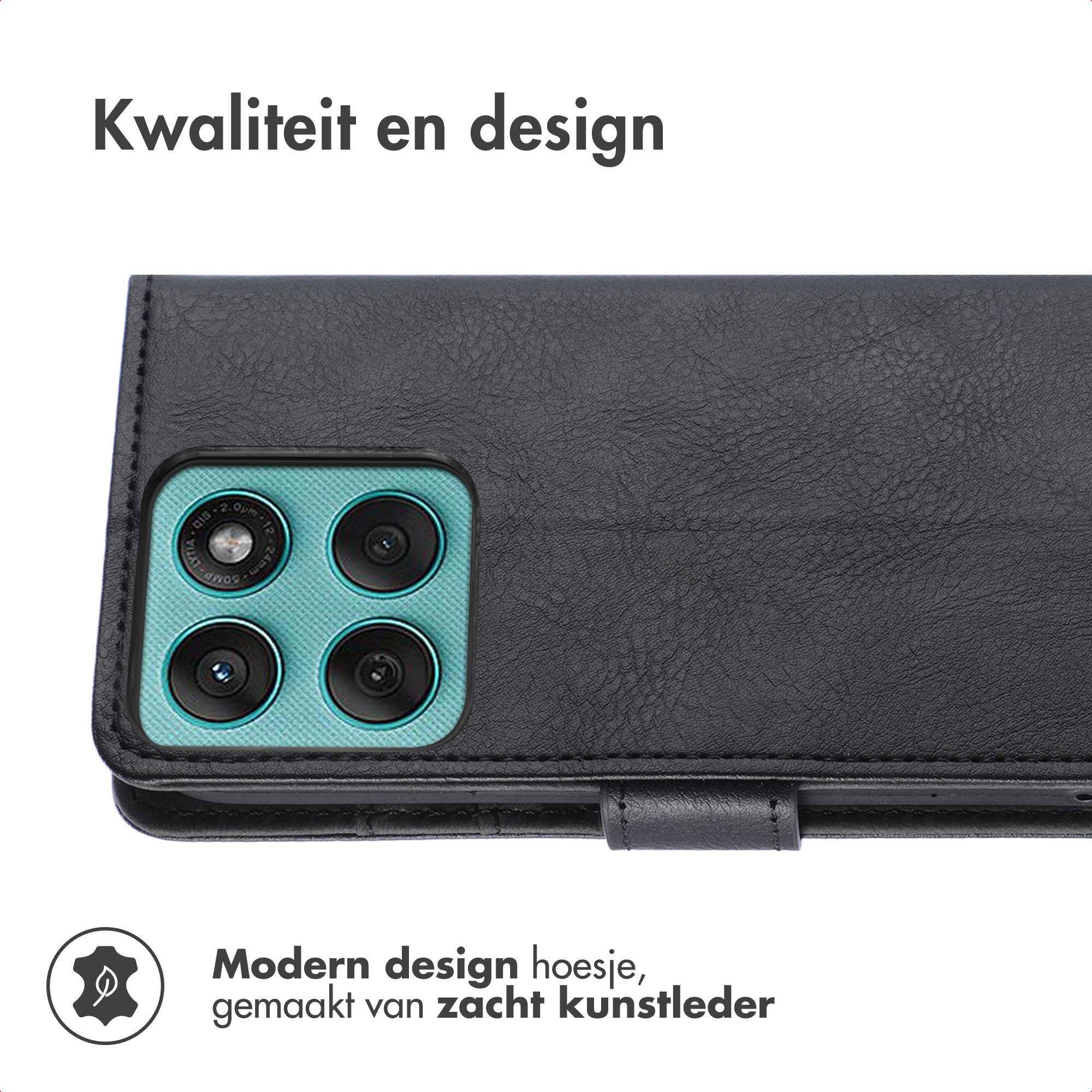 Coque de téléphone noire avec quatre caméras. Texte : Qualité et design.