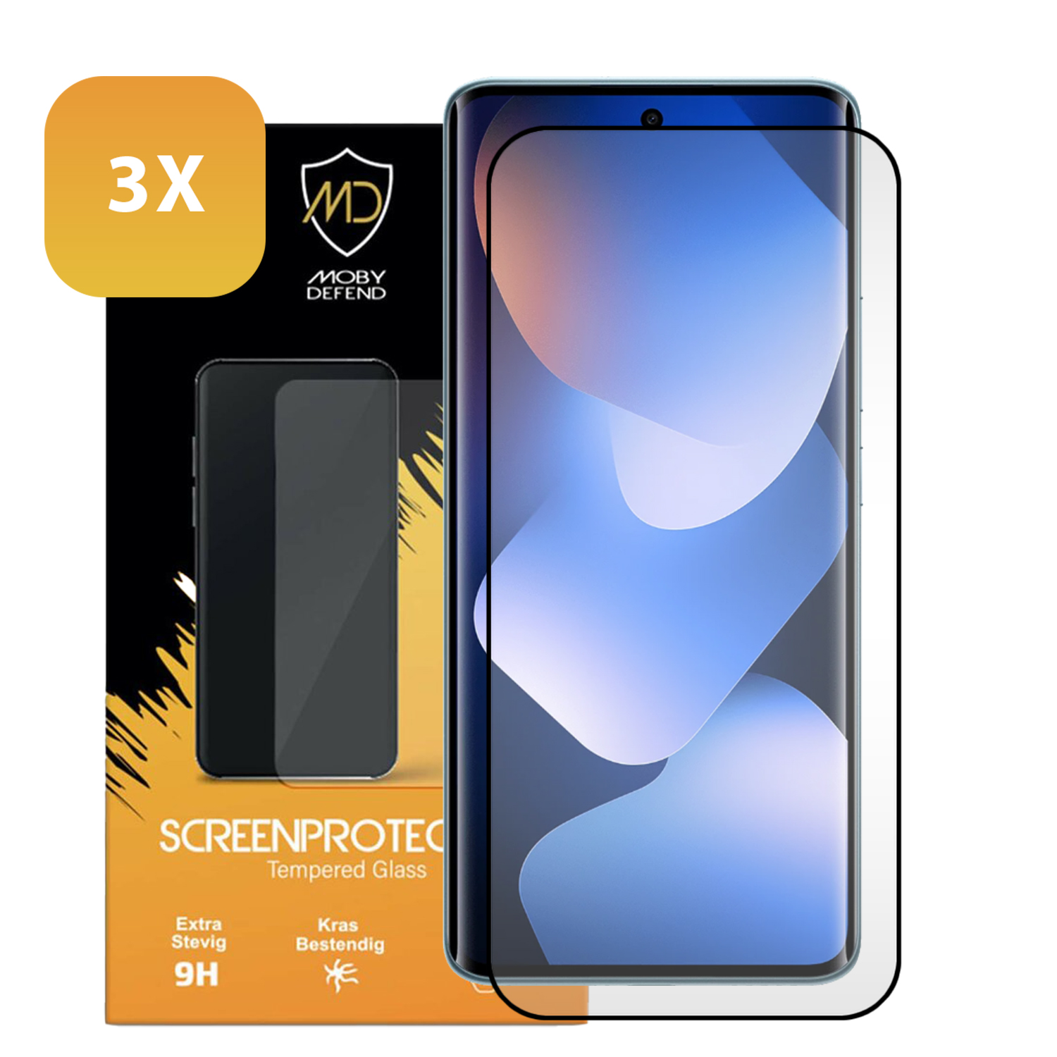 Verpakking met telefoon screenprotector en 3x-icoon. Gehard glas.