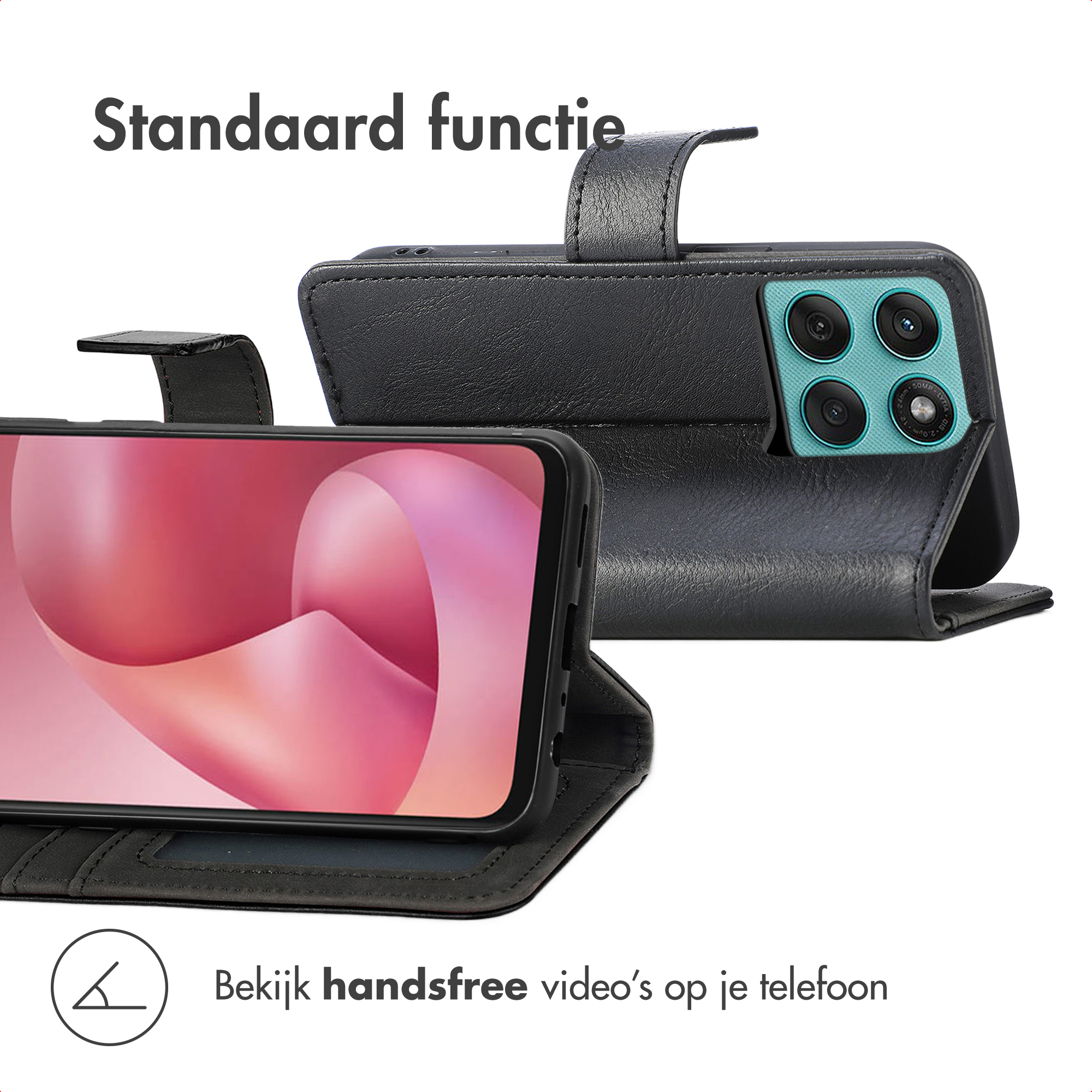 Étui de téléphone noir avec fonction support et découpe caméra. Permet un visionnage mains libres.