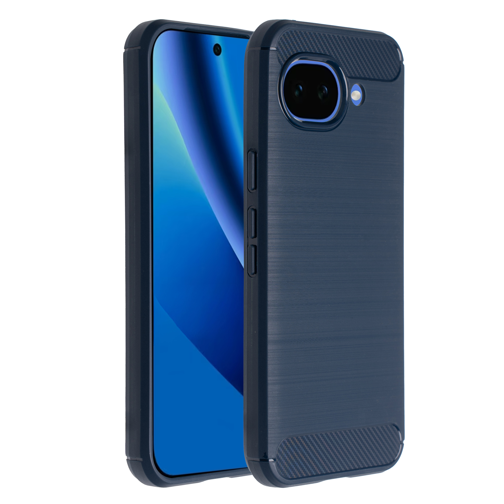 Téléphone bleu foncé avec caméras et accents carbone, fond blanc.