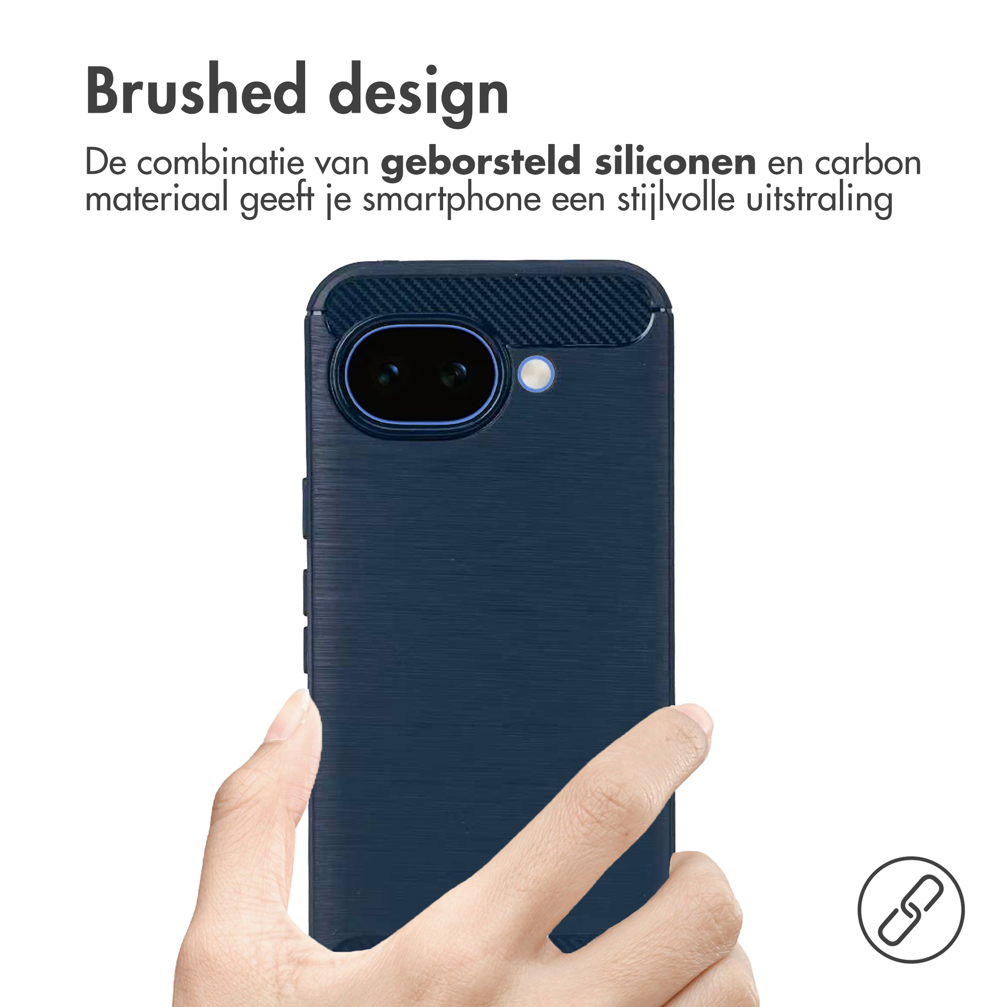 Coque de téléphone bleu foncé avec design brossé et accents carbone.