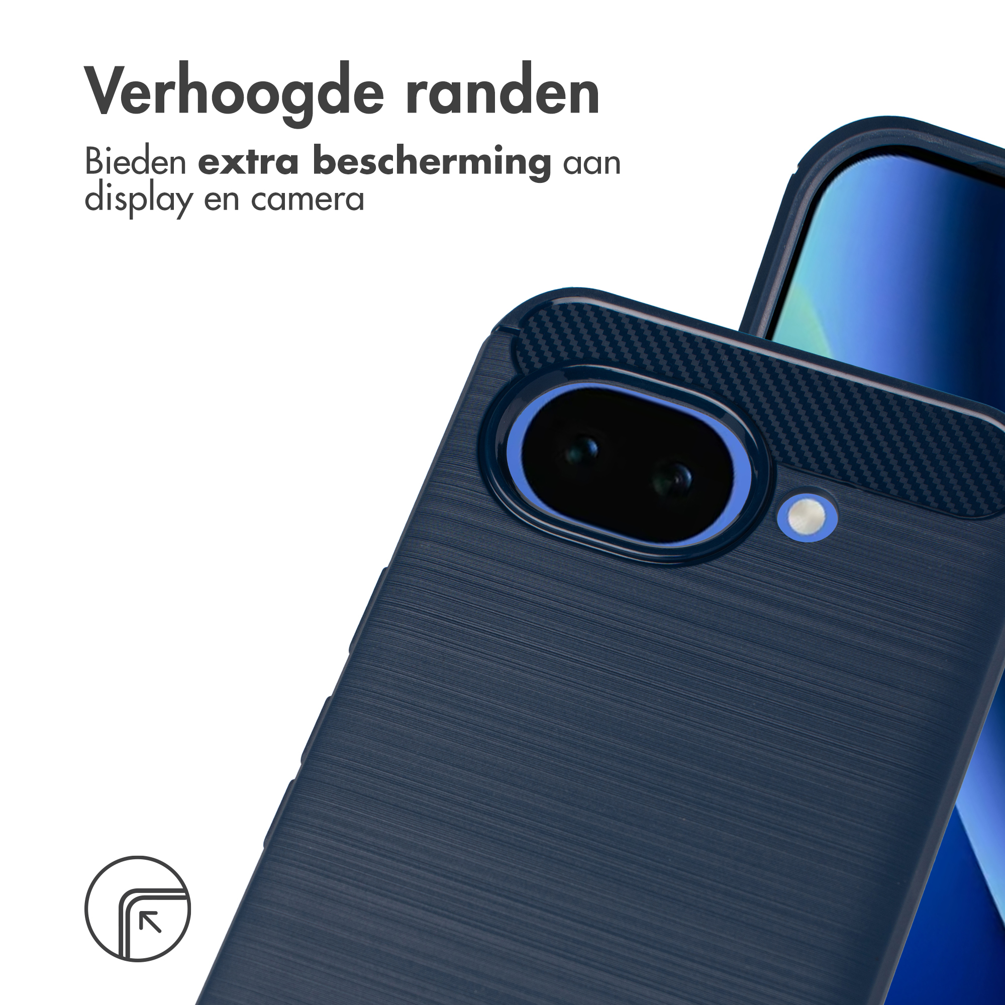 Coque de téléphone bleu foncé avec appareil photo et flash. Texte dessus.