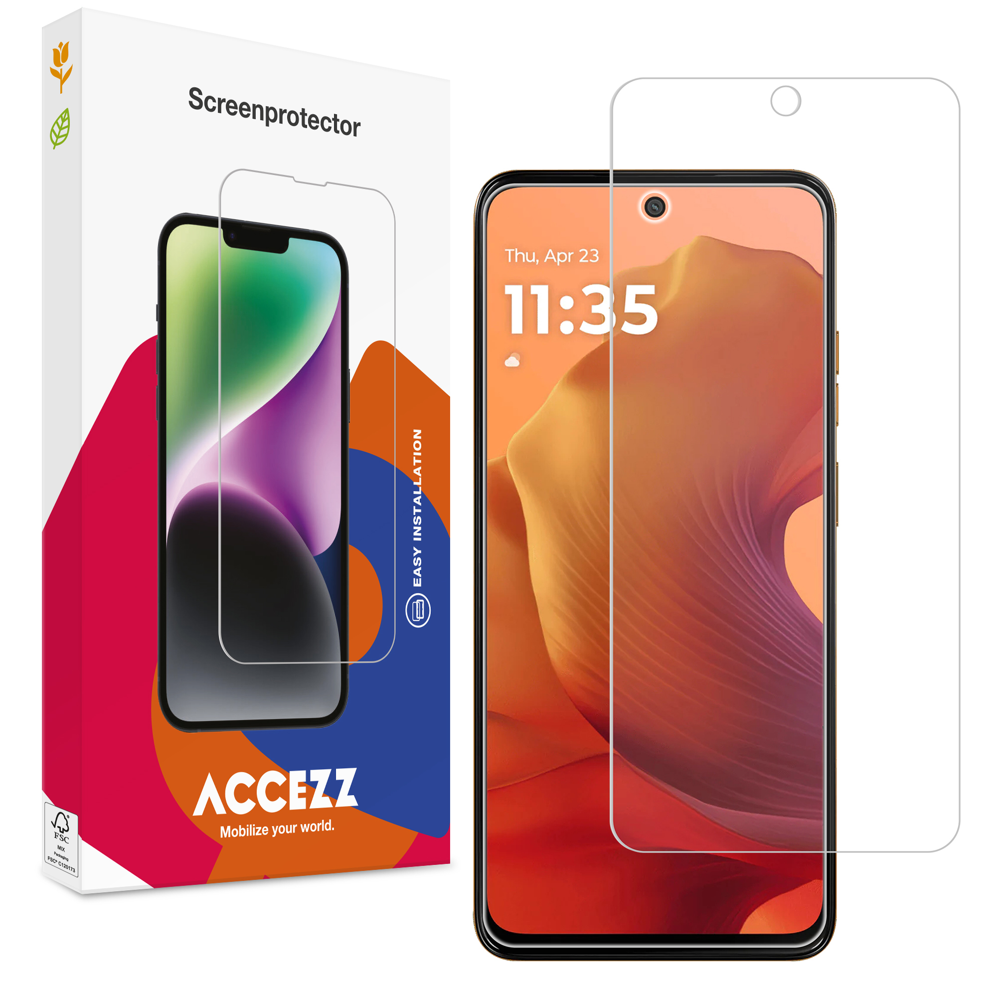 Confezione con immagine di smartphone e proteggischermo.