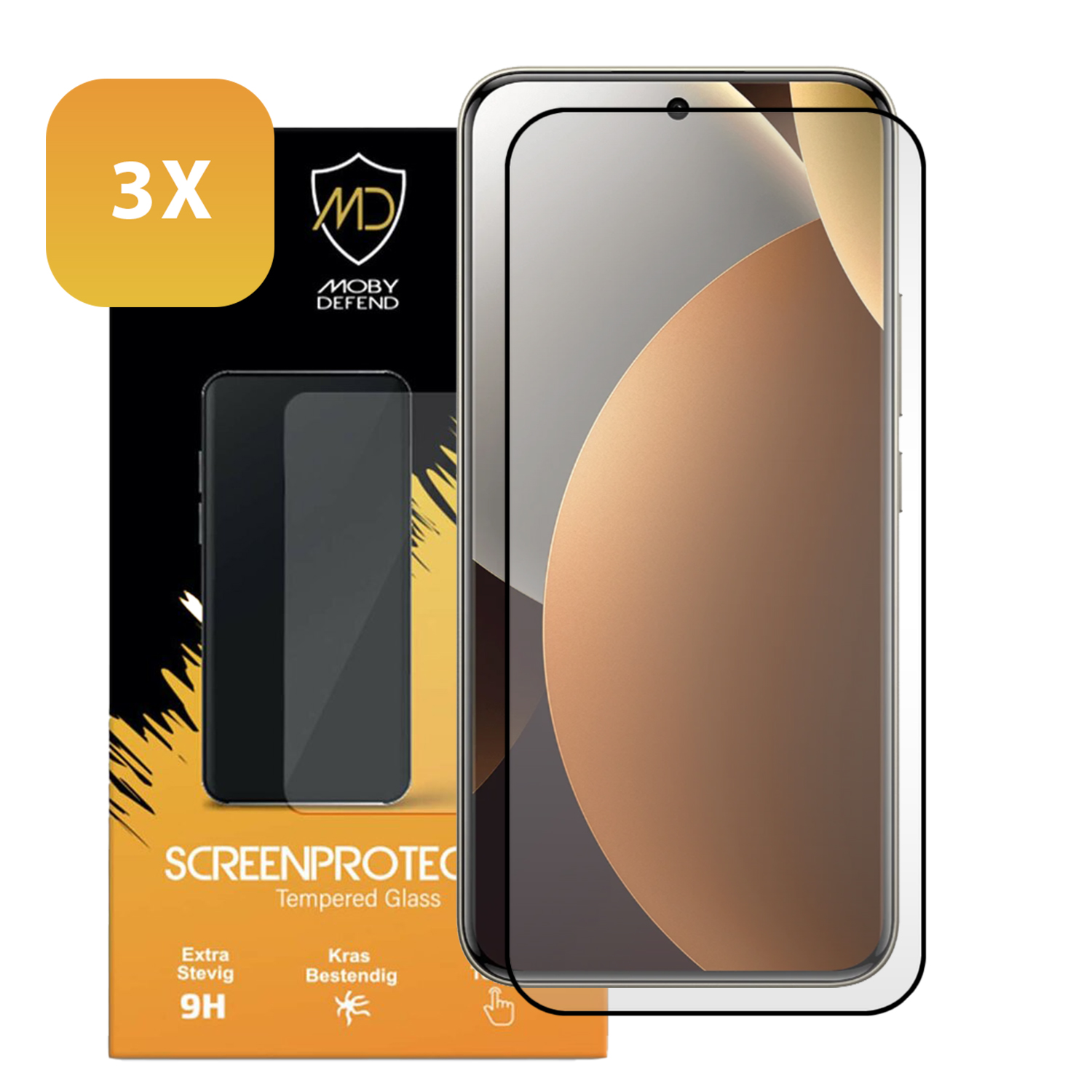 Trois protecteurs d'écran Moby Defend pour smartphones, dont un sur un téléphone.