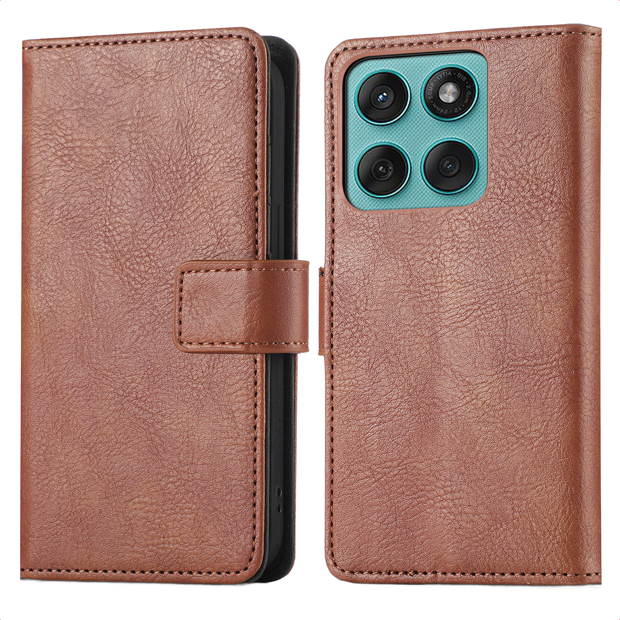Étui en cuir marron pour téléphone, ouvert, montrant le téléphone et le bloc caméras.