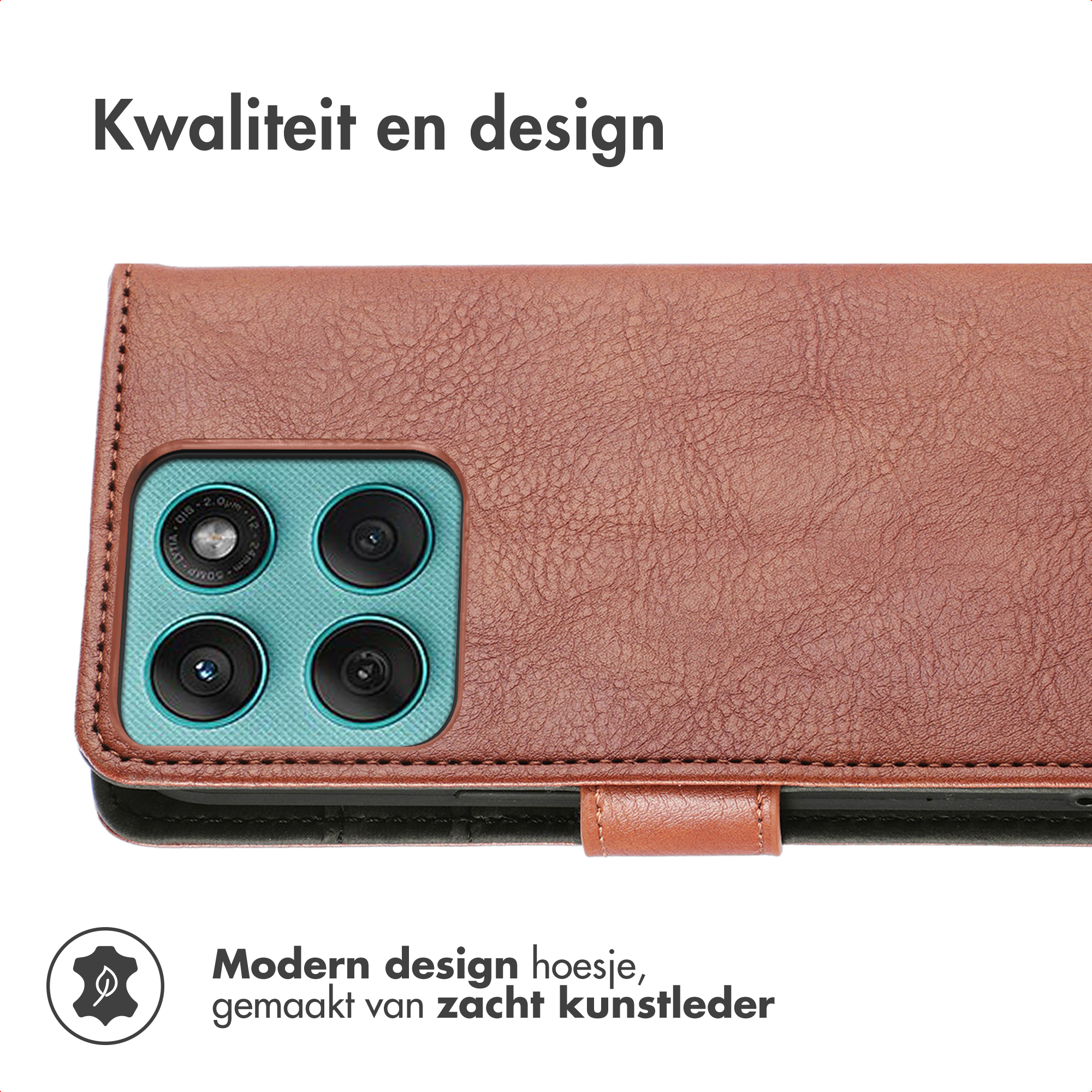 Étui en cuir marron montre des objectifs de caméra. Texte : Qualité et design.