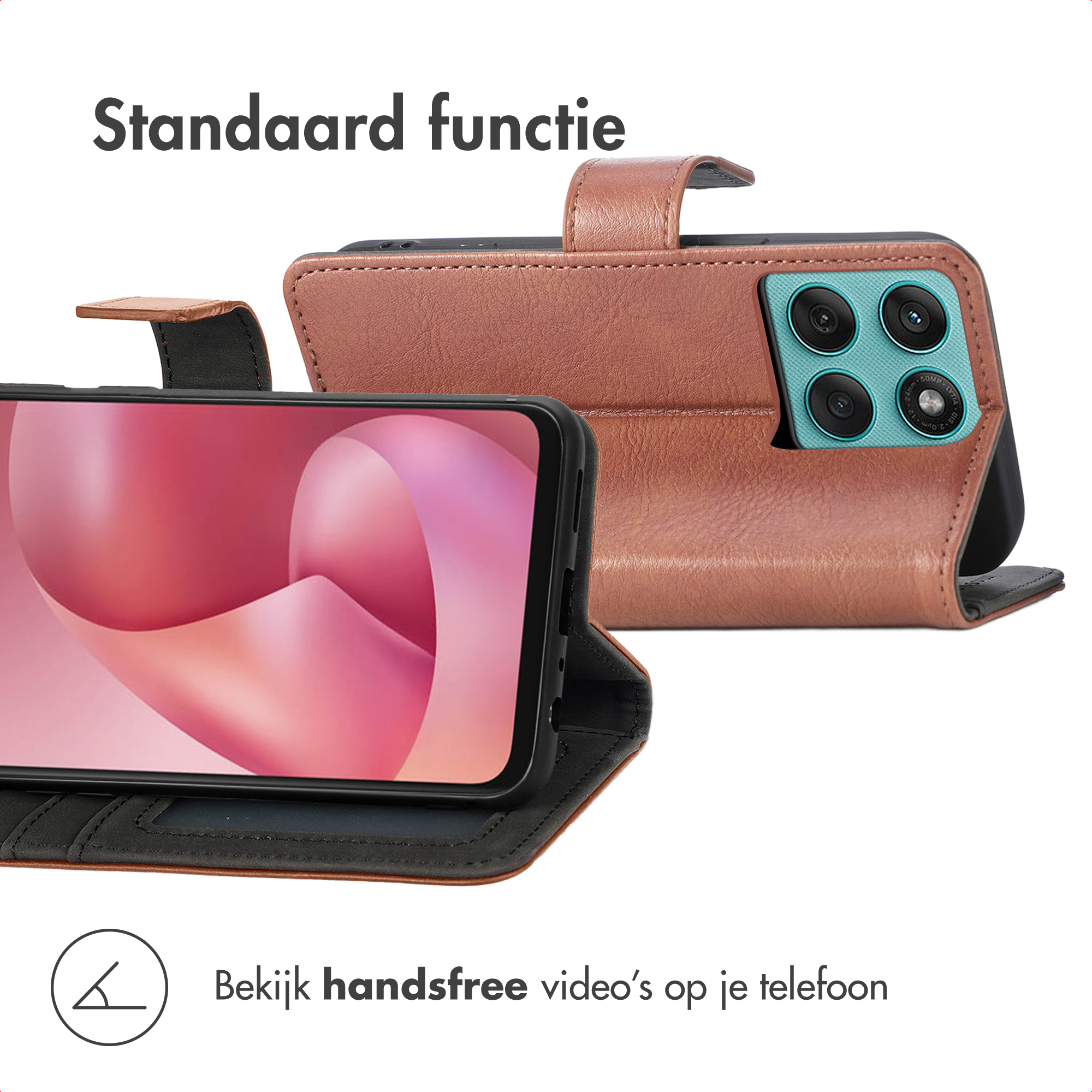 Étui de téléphone marron avec support intégré et quatre objectifs.