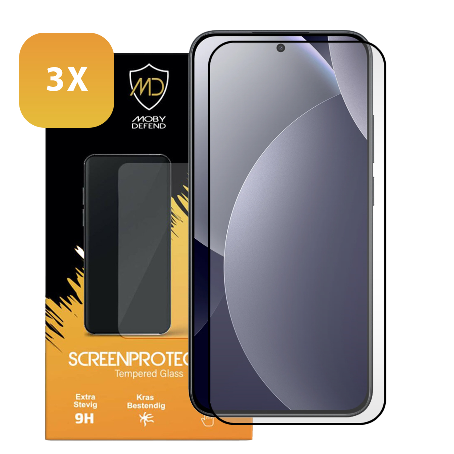 Verpakking voor 3 Moby Defend screenprotectors van gehard glas.