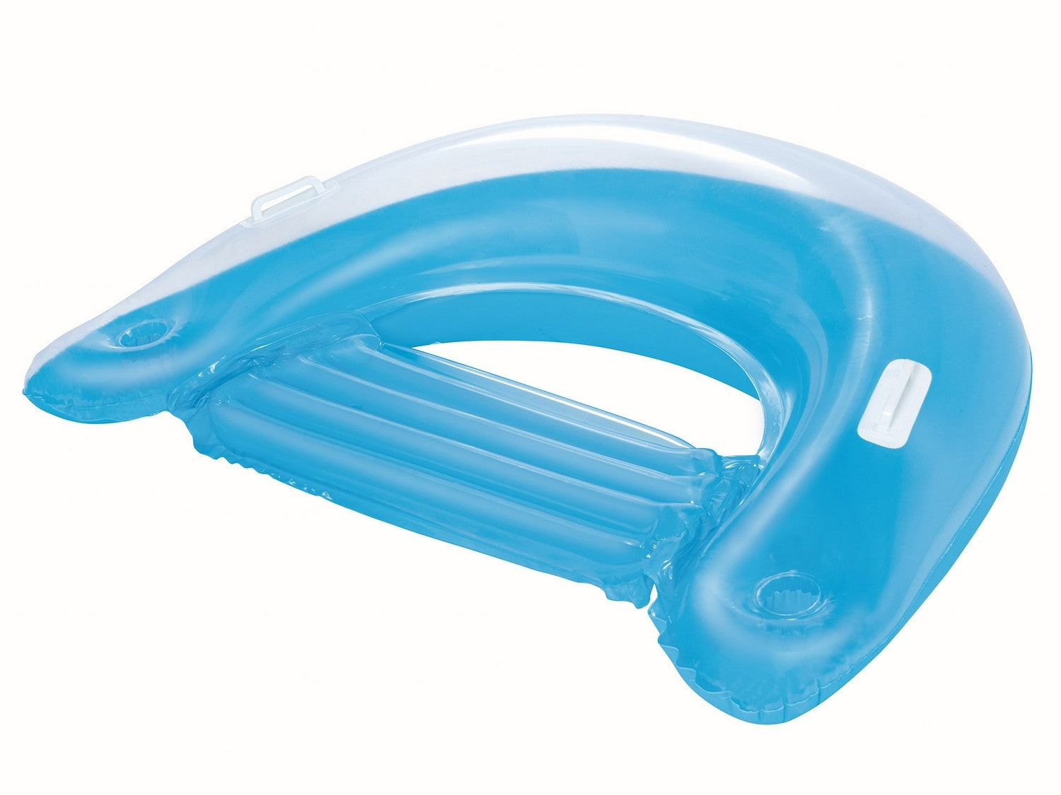 Una silla flotadora inflable azul con detalles blancos y asas.