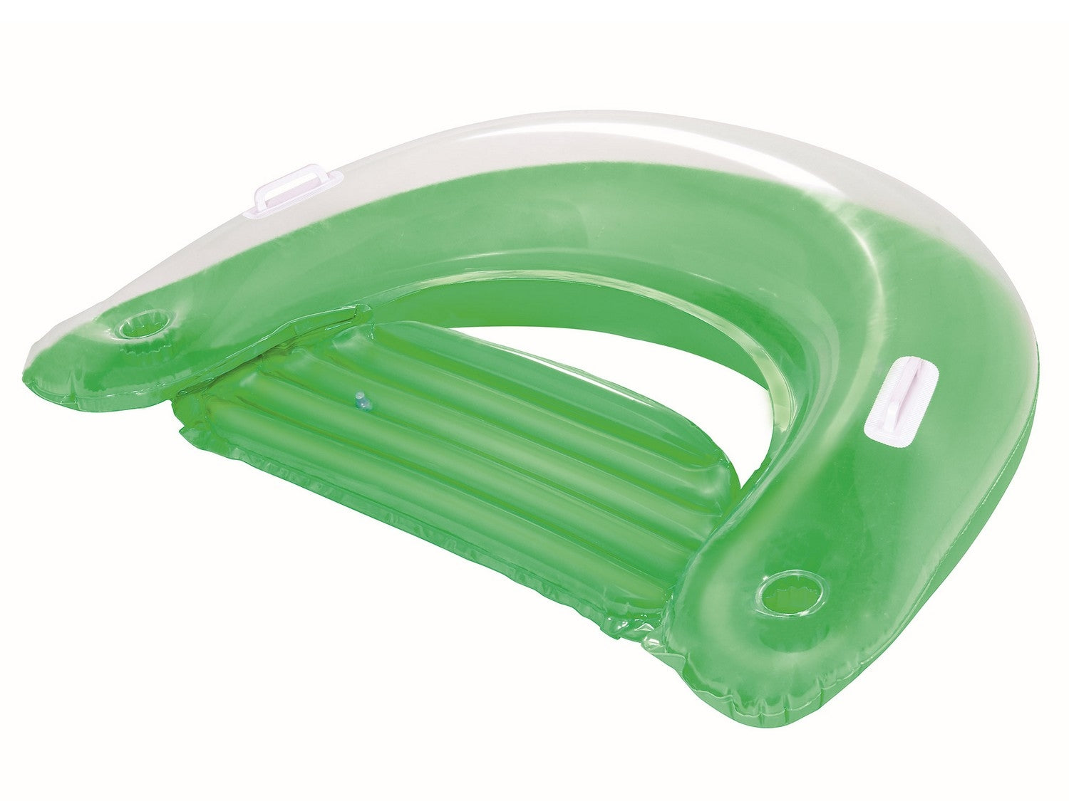 Tumbona inflable verde con parte superior transparente y asas blancas.