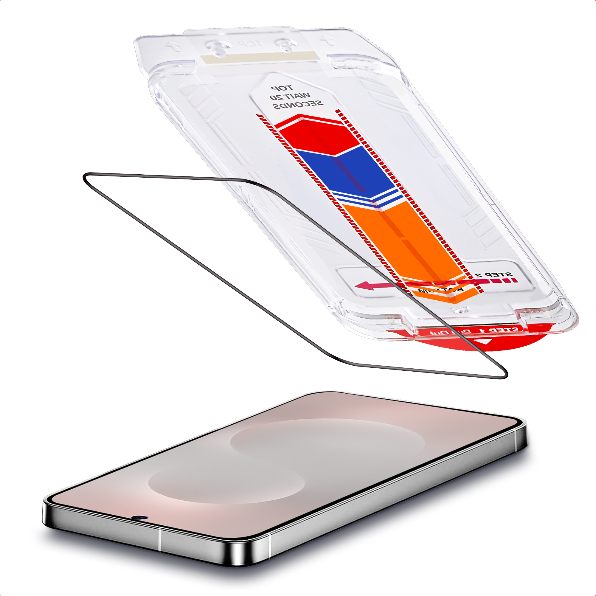 Een heldere applicator zit boven een smartphone, voor schermprotector installatie.