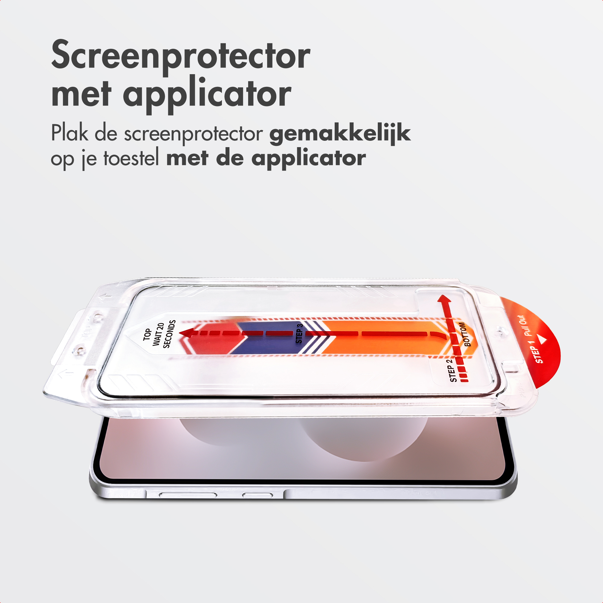 Screenprotector met applicator voor eenvoudige plaatsing op smartphone.