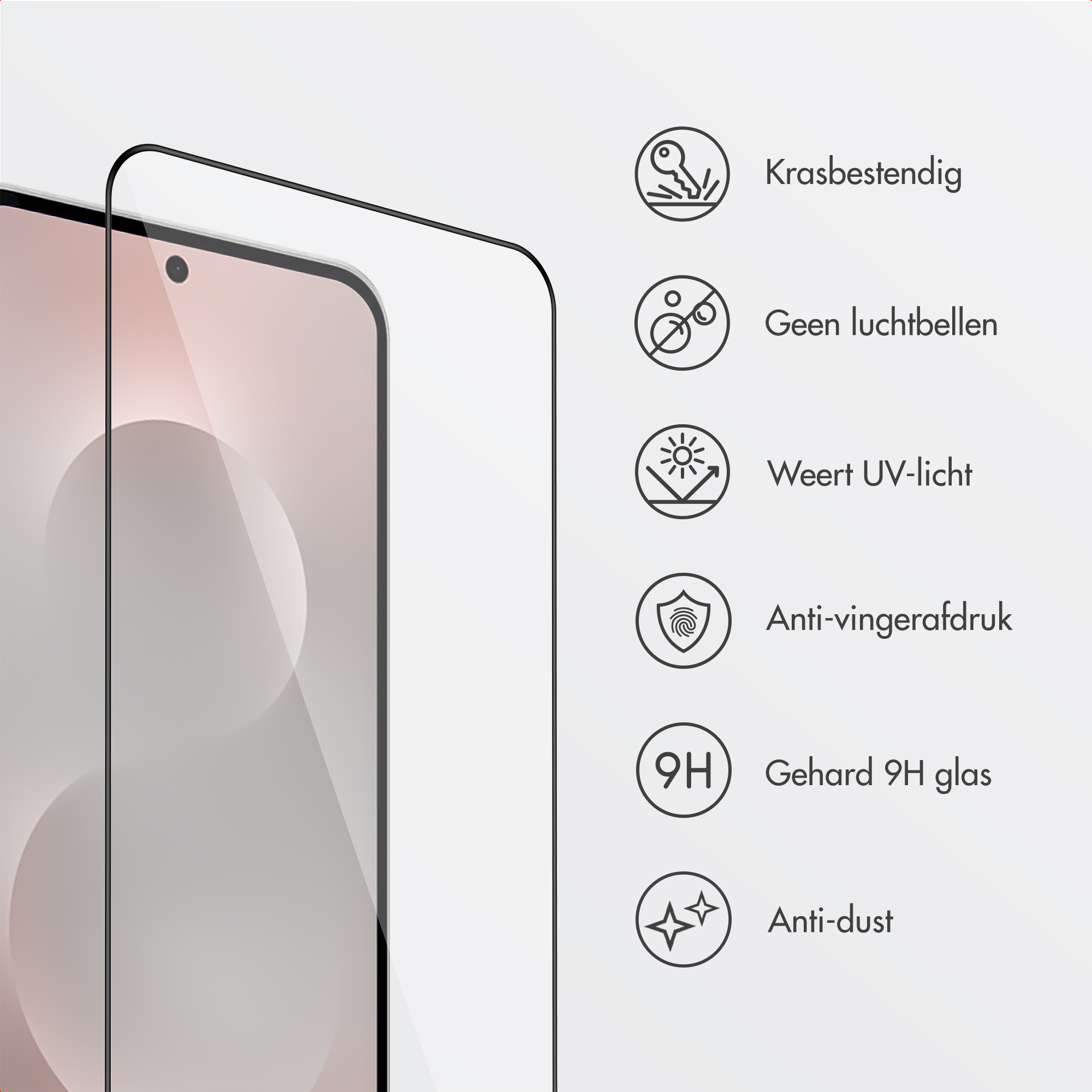 Screenprotector met iconen: krasbestendig, luchtbelvrij, UV-bestendig.