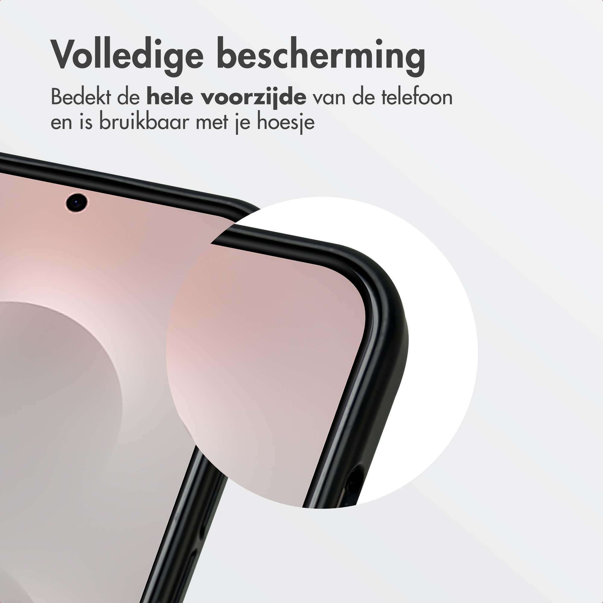 Zwart frame bedekt de voorkant van een smartphone met roze scherm.