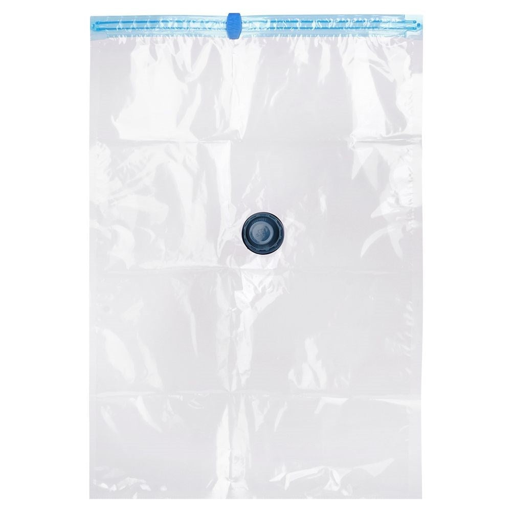 Bolsa selladora al vacío transparente con cierre de cremallera azul y válvula negra.