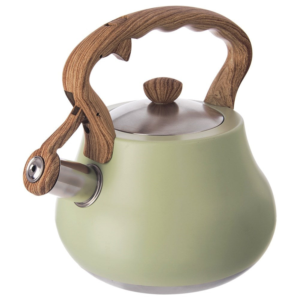 Una tetera verde claro con mango de madera y detalles de acero inoxidable.