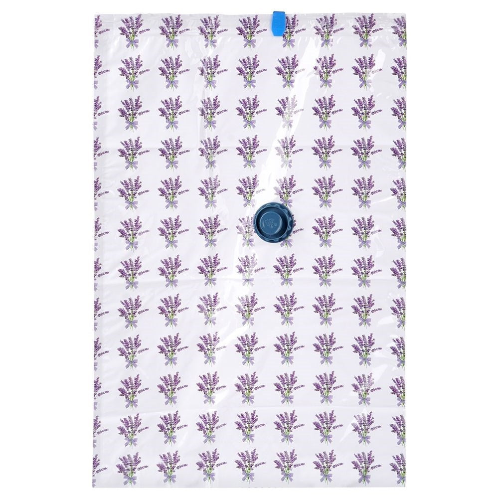 Una bolsa de vacío blanca con estampado de lavanda y cierre azul.