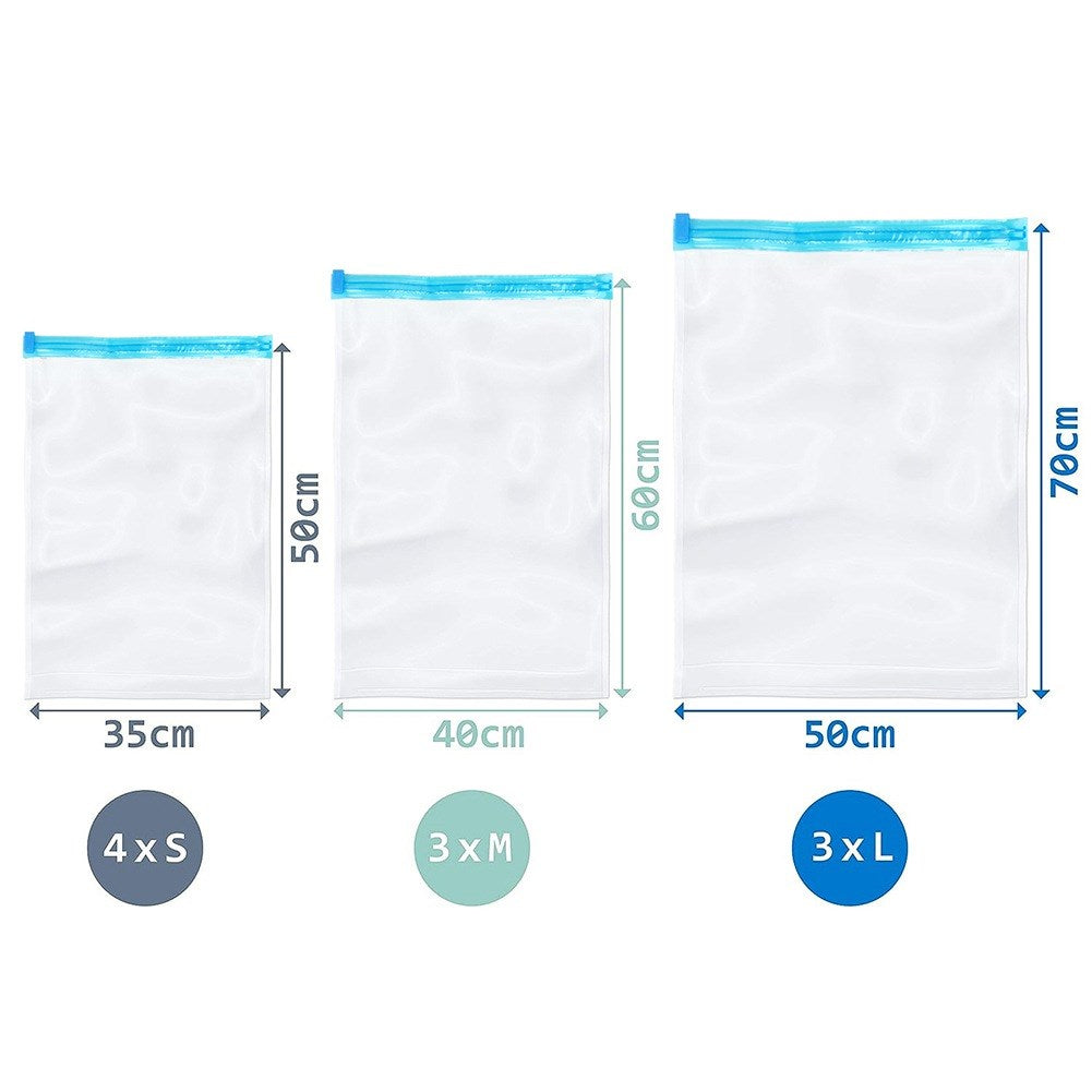 Tres bolsas de vacío transparentes de diferentes tamaños con cierres azules.