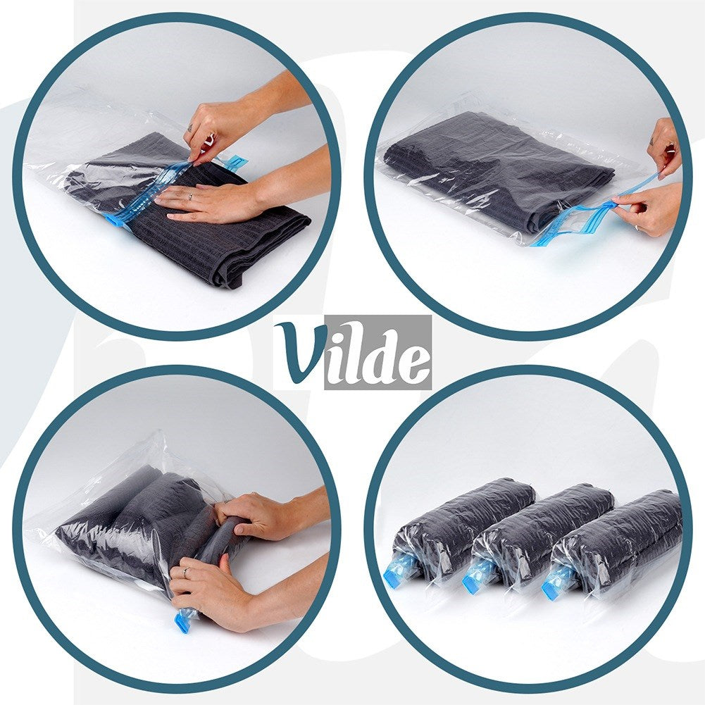 La ropa se sella al vacío en bolsas para ahorrar espacio.