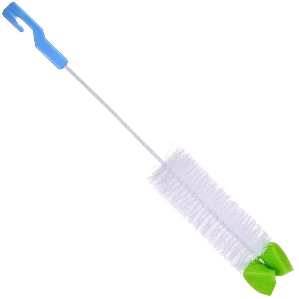Un cepillo para botellas con mango azul, cabezal blanco y puntas de esponja verdes.