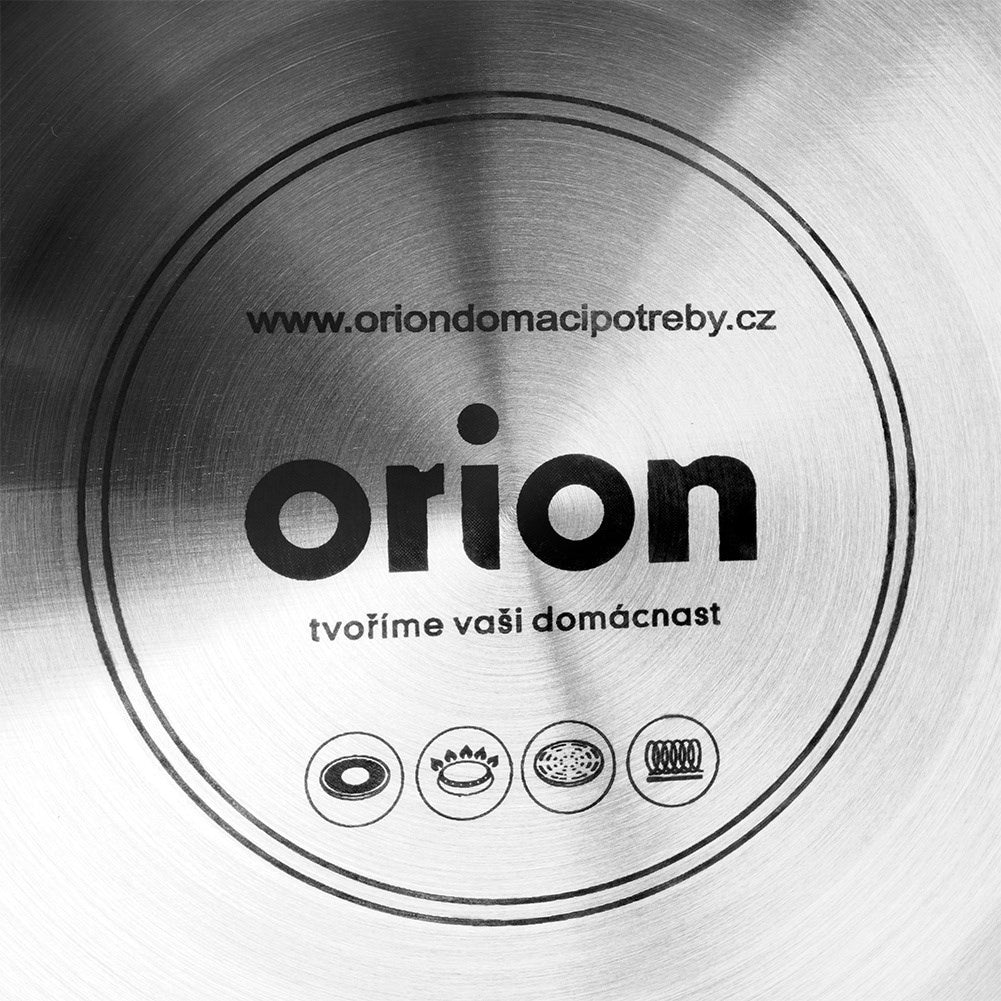 Logo con texto 'orion', web, eslogan e iconos de placa de cocina.
