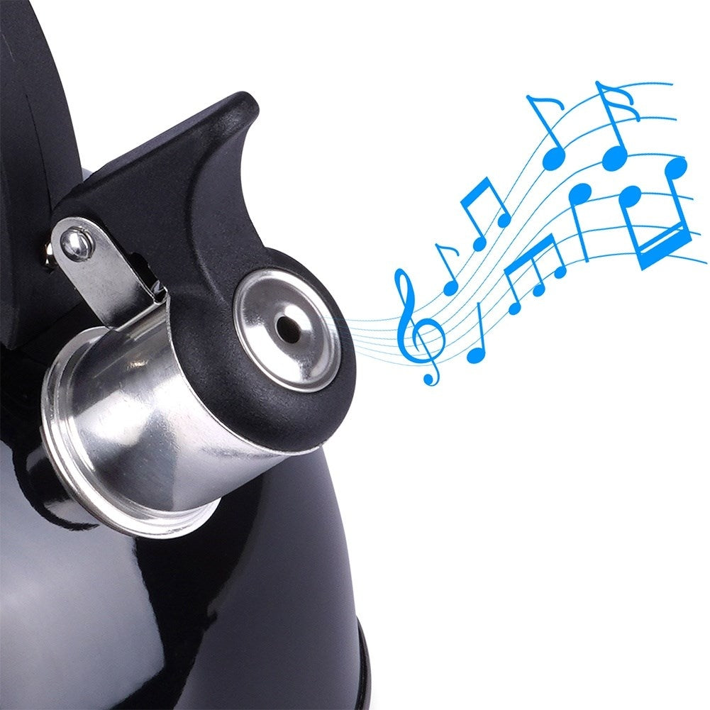 Primer plano de un hervidor negro con notas musicales saliendo del pico.