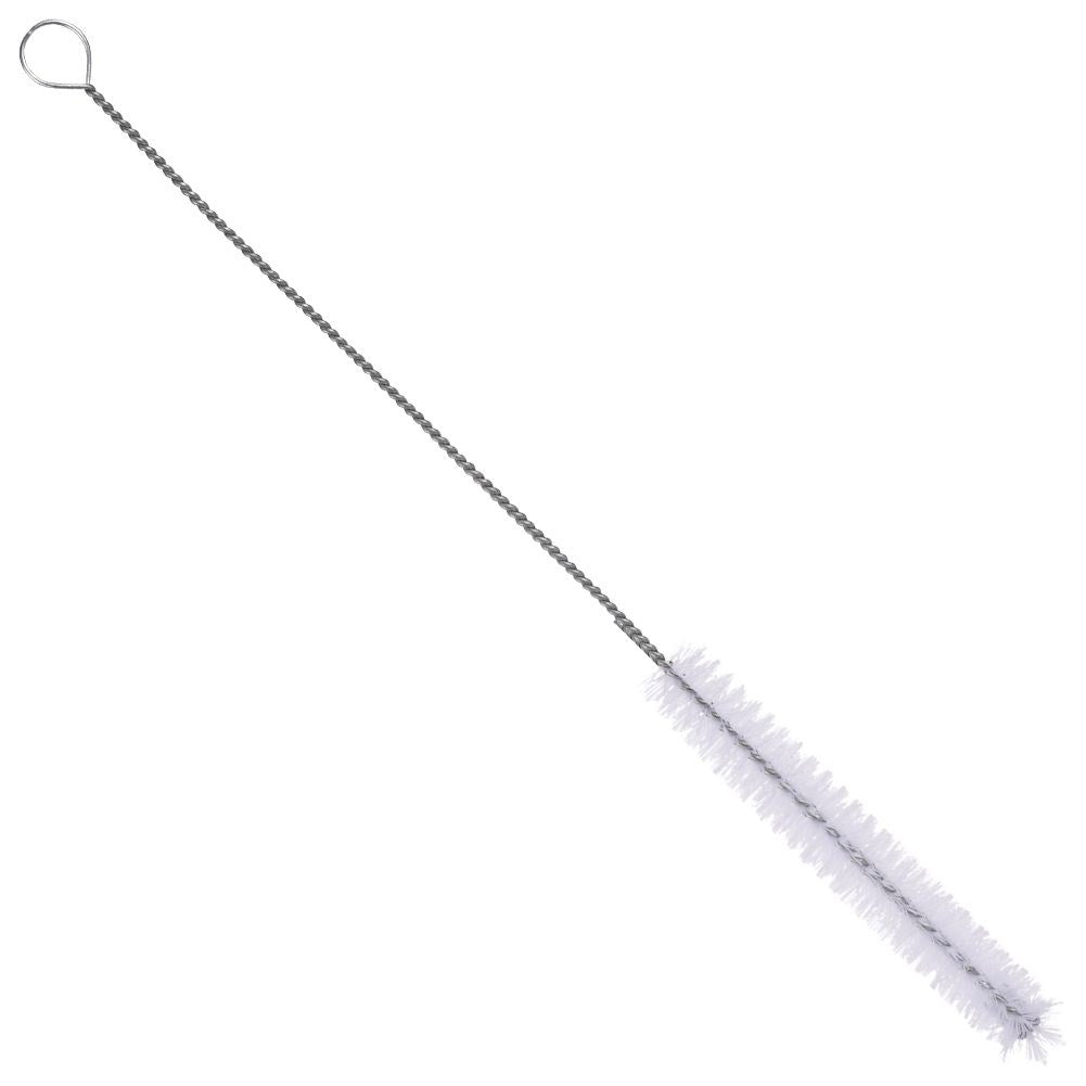 Un cabezal de cepillo de limpieza estrecho con cerdas blancas sobre un alambre flexible.