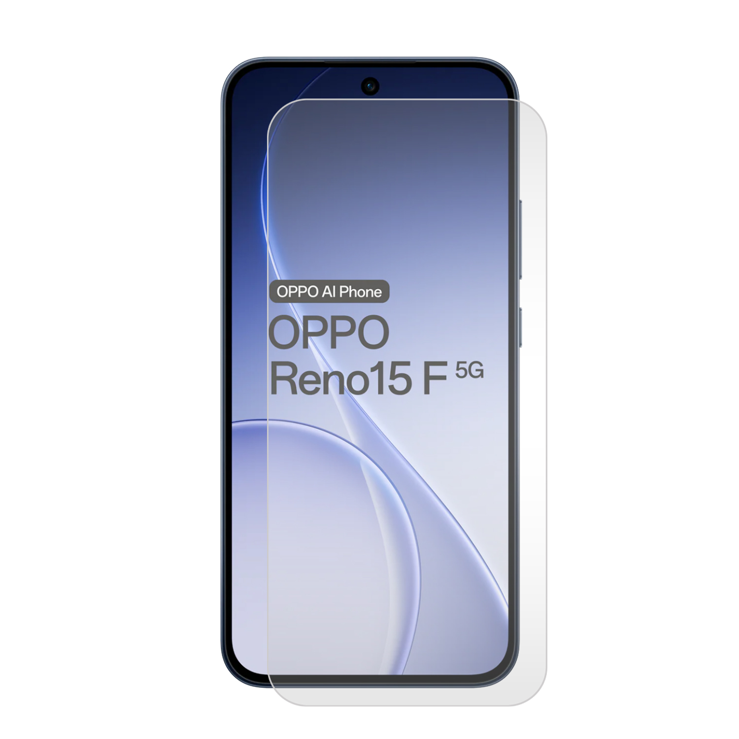 Un téléphone Oppo Reno15 F 5G avec un protecteur d'écran.