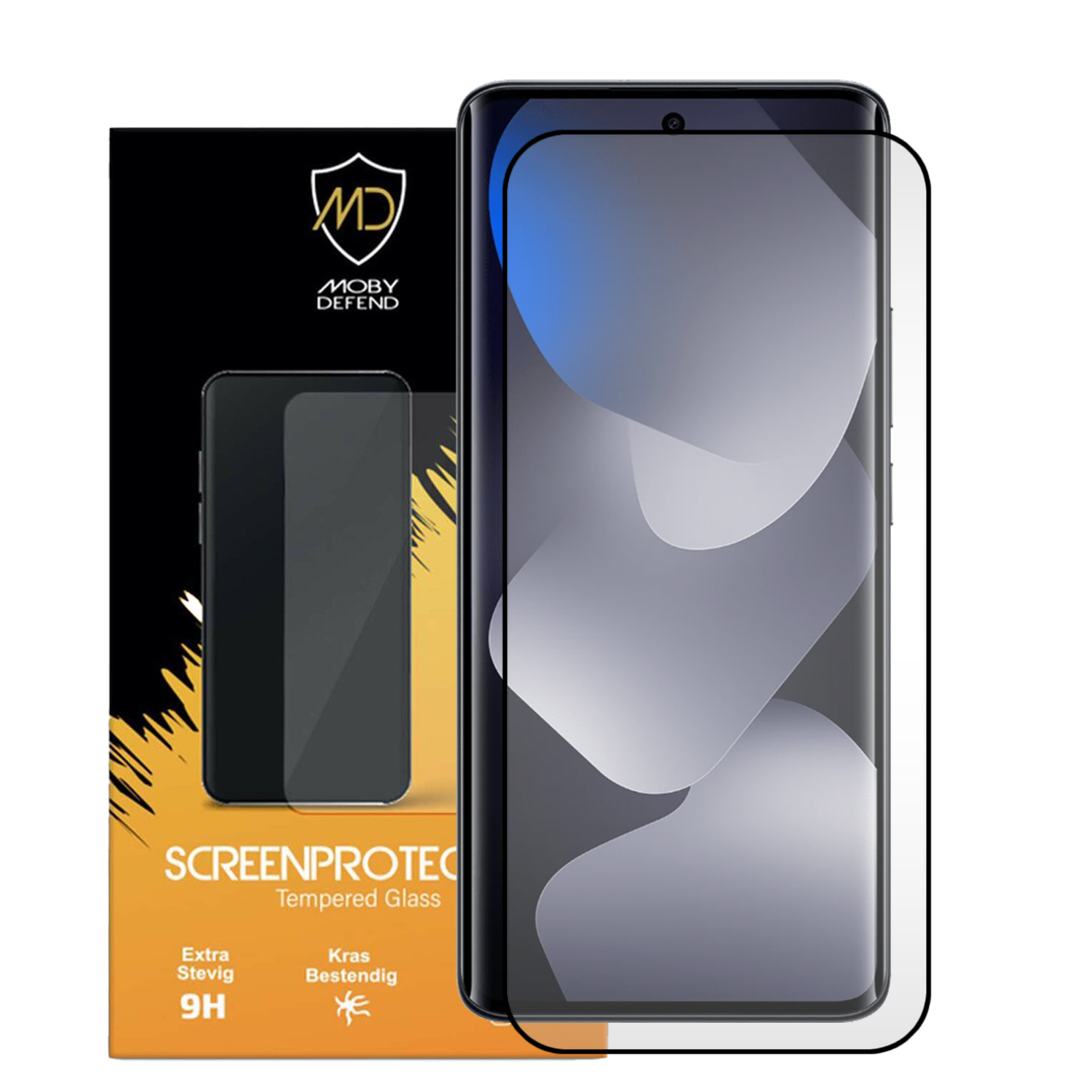 Verpakking met Moby Defend screenprotector voor een smartphone.