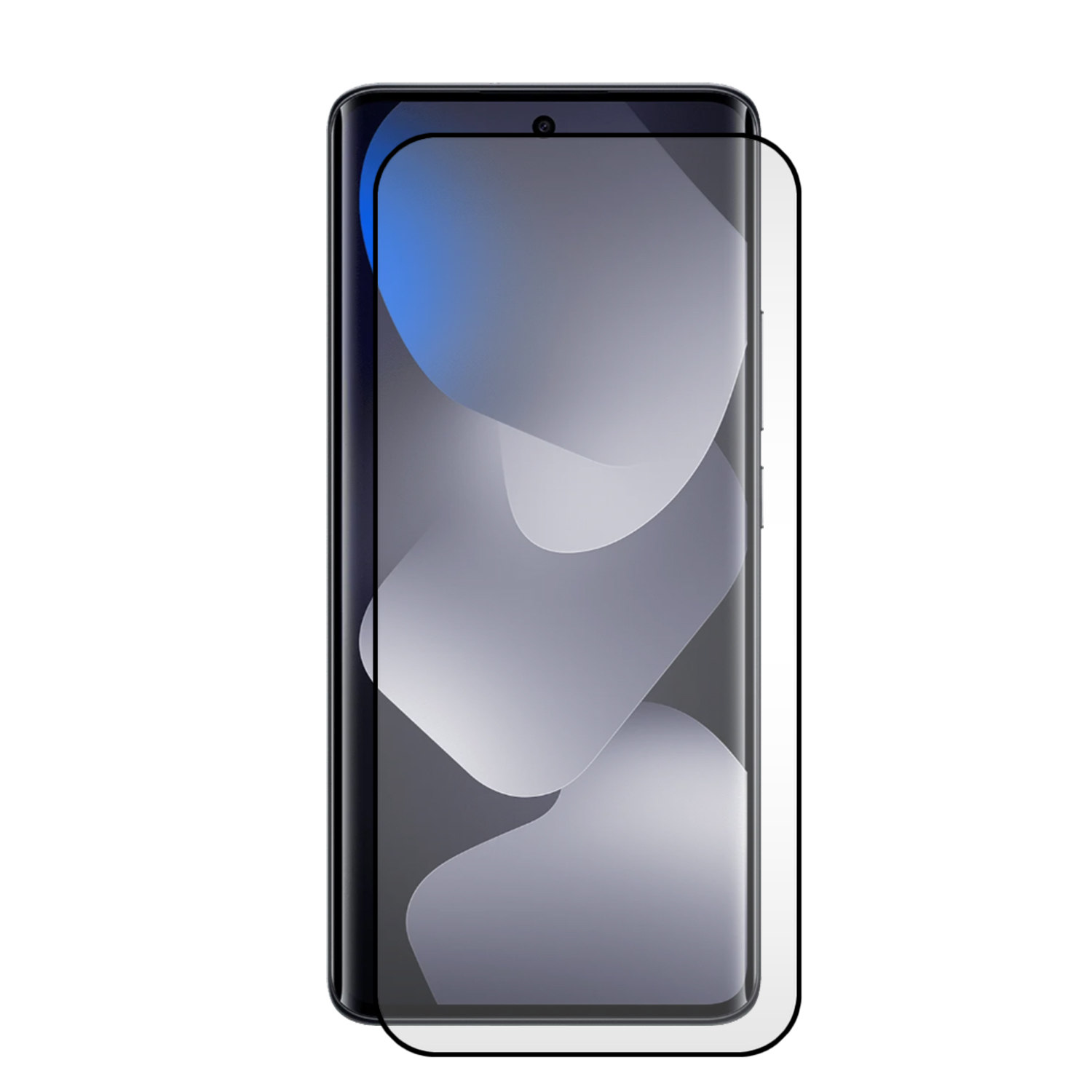 Een glazen screenprotector ligt op een smartphone met donkere achtergrond.
