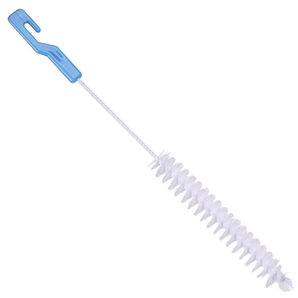 Un cepillo blanco con un mango azul en forma de gancho.