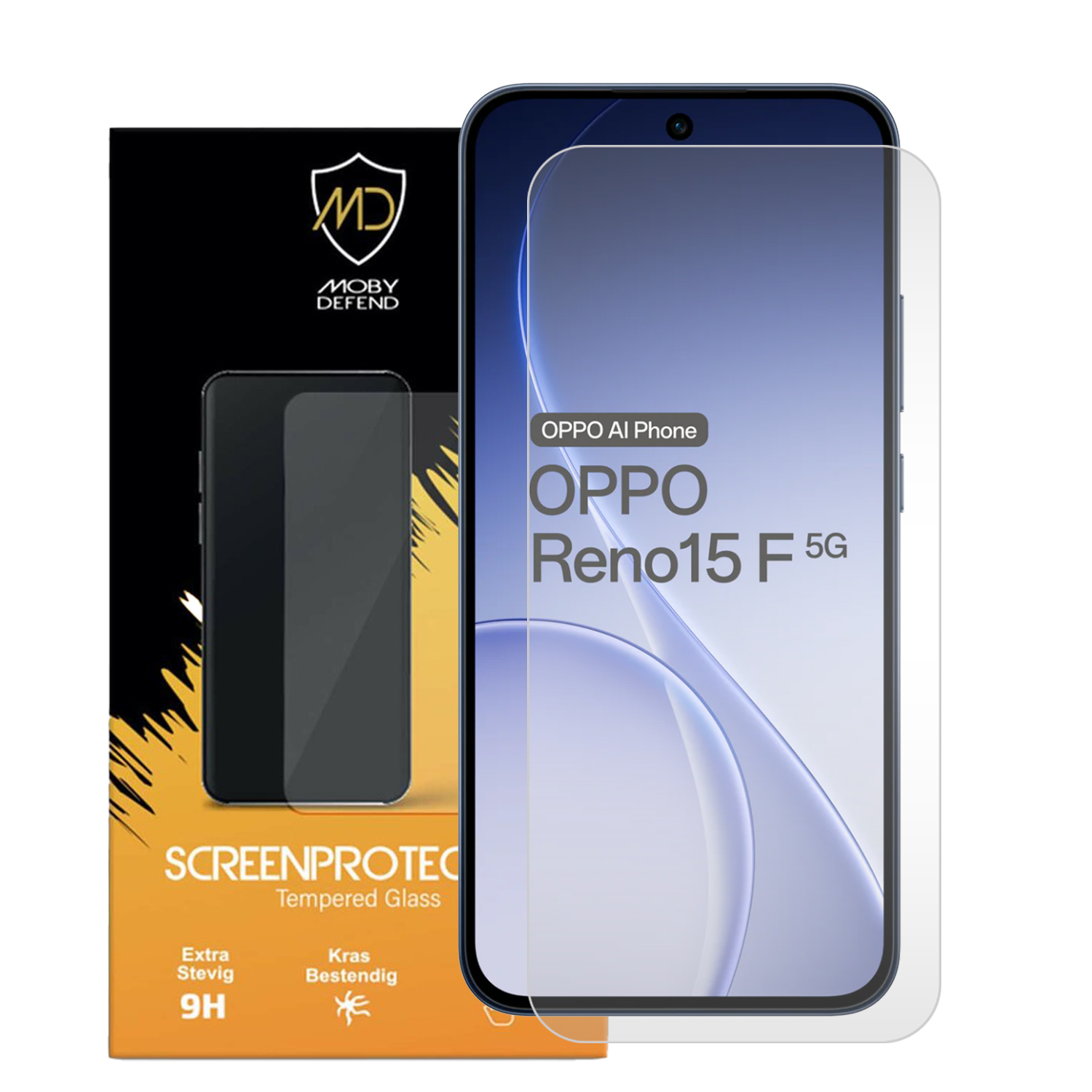 Protection écran OPPO Reno15 F 5G sur emballage avec logo MD.