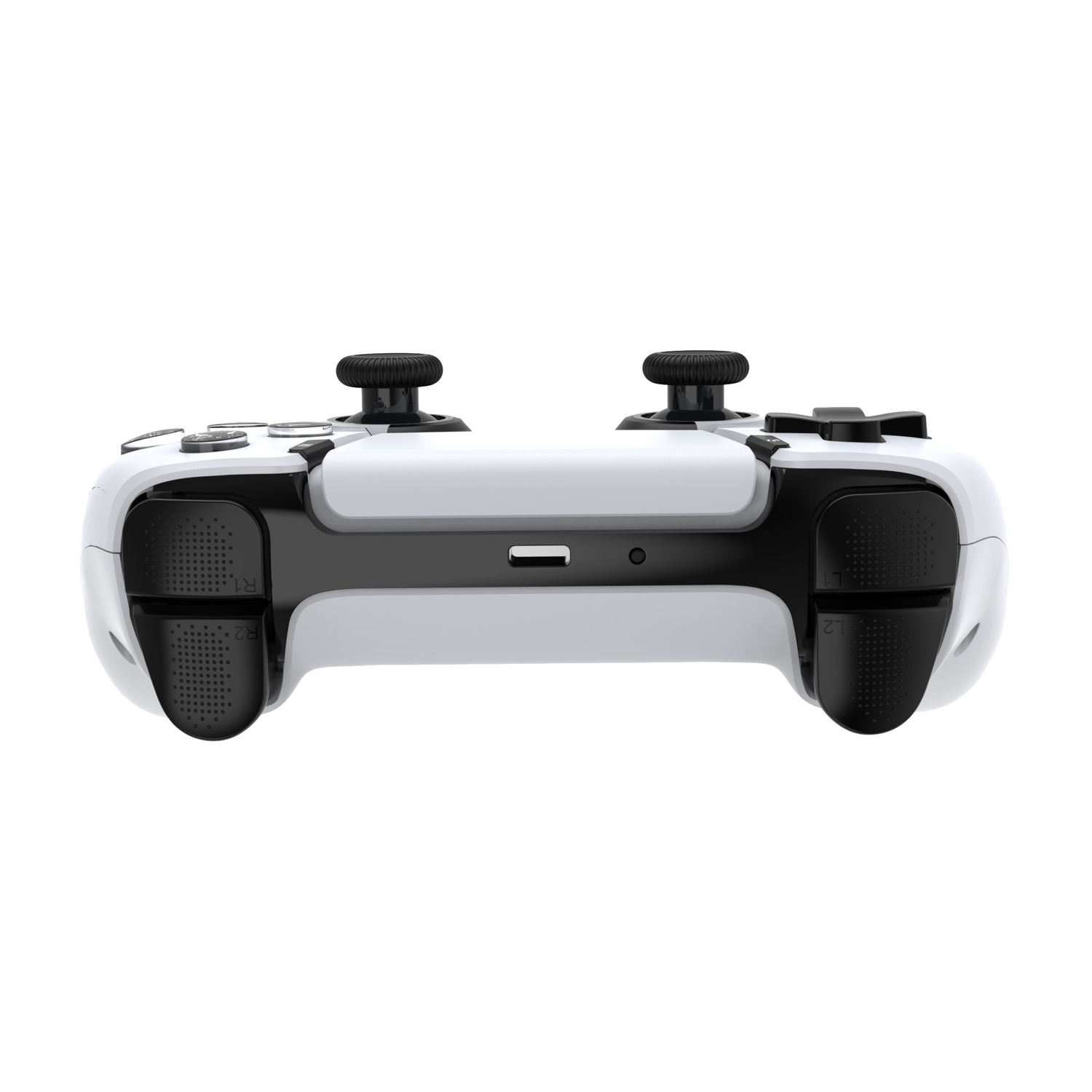 Un controller di gioco bianco e nero con joystick e pulsanti.