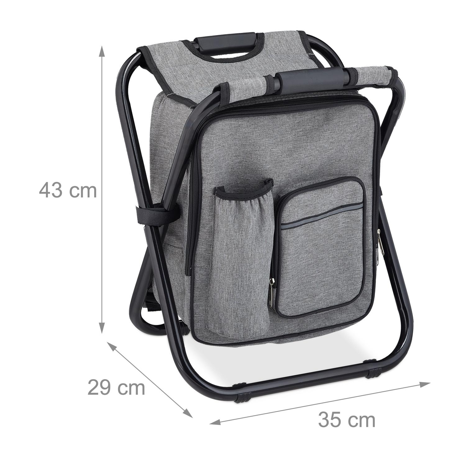 Silla-bolsa nevera gris con patas metálicas negras y elementos de asa.