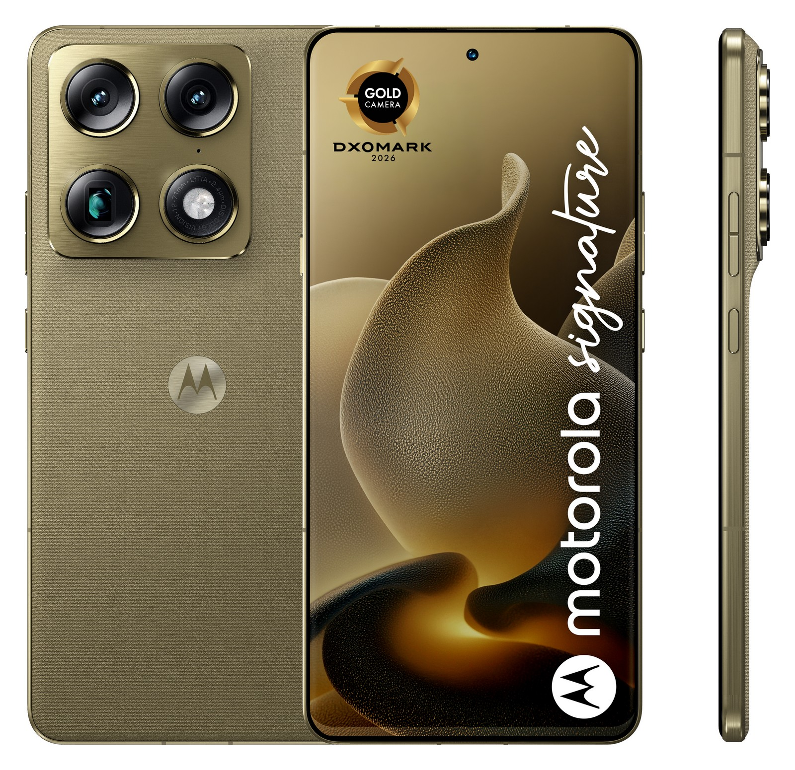 Złoty smartfon Motorola z czterema aparatami i pieczęcią DXOMARK.