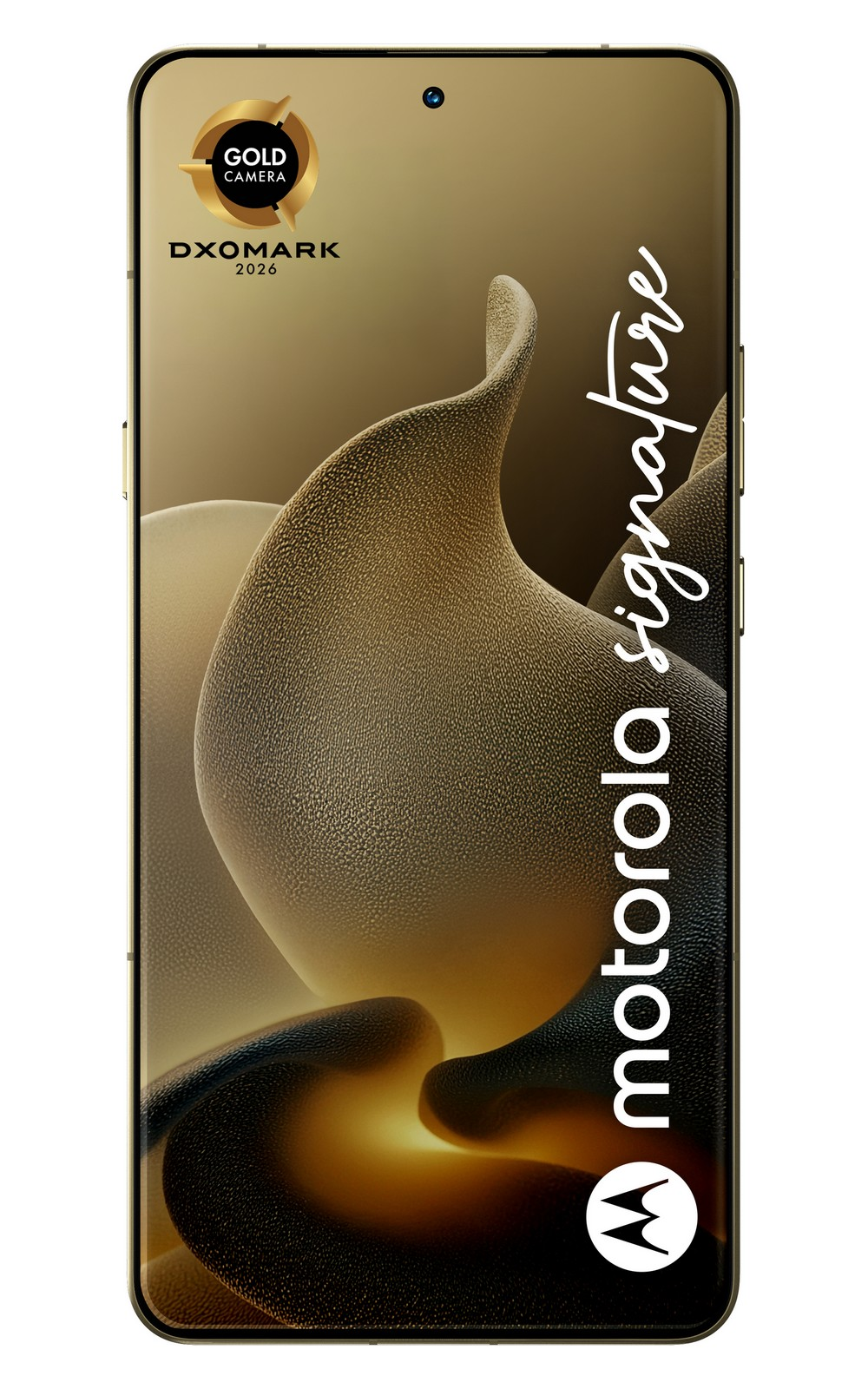 Złoty smartfon Motorola z pieczęcią DXOMARK Gold Camera.