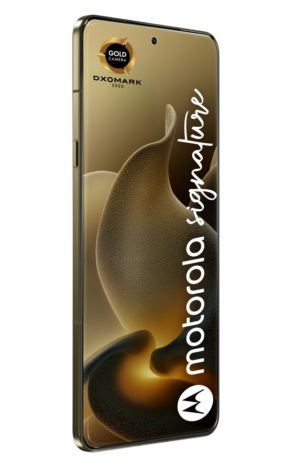 Złoty ekran telefonu Motorola z napisem "Motorola signature".