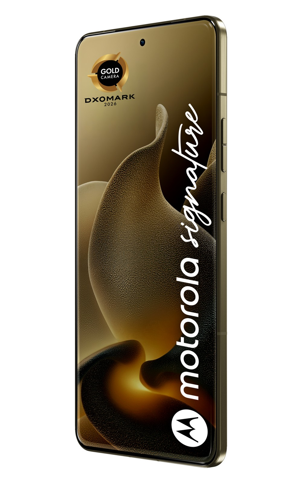 Złoty ekran telefonu Motorola z logo DXOmark i wzorem fal.