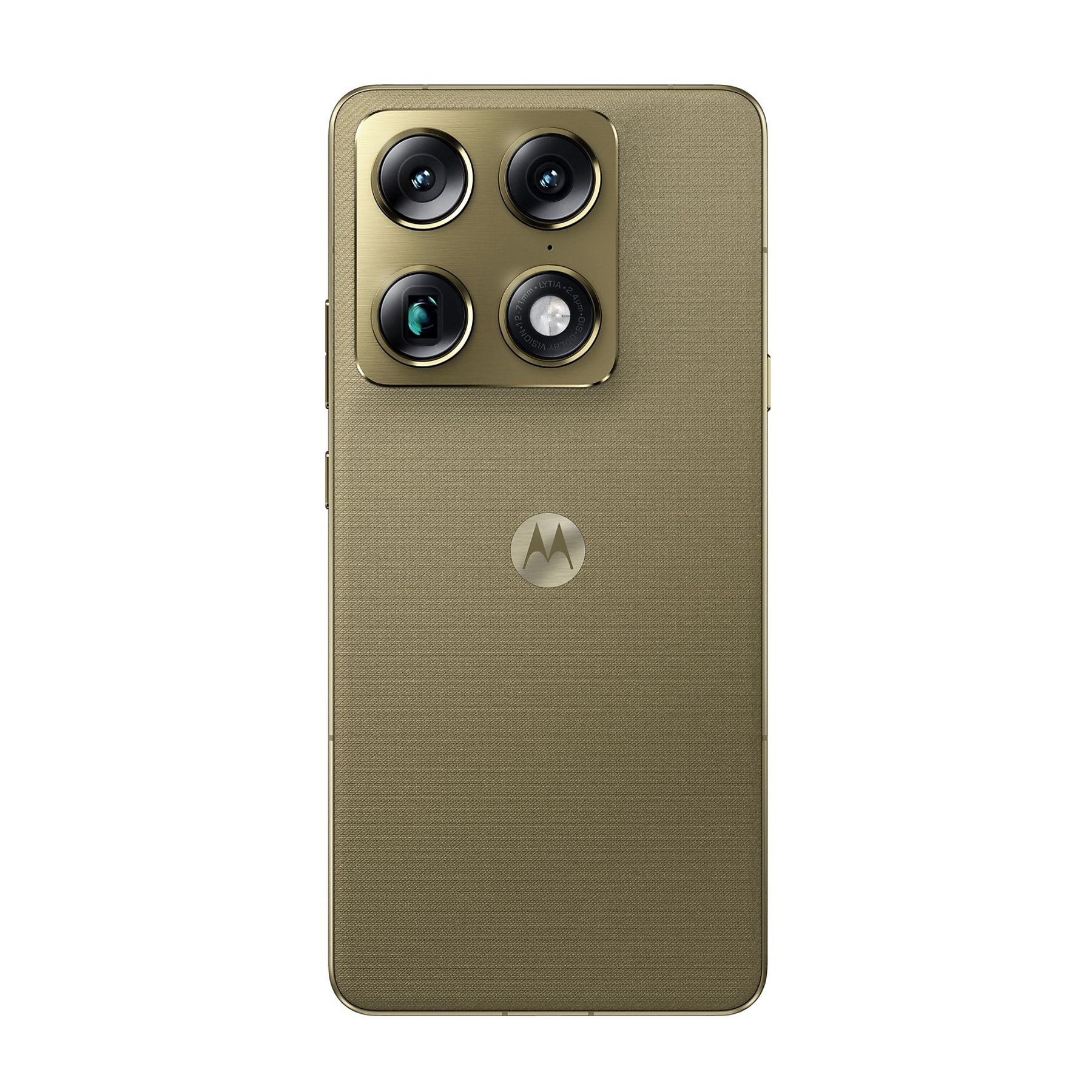 Złoty smartfon z czterema aparatami i logo Motoroli z tyłu.