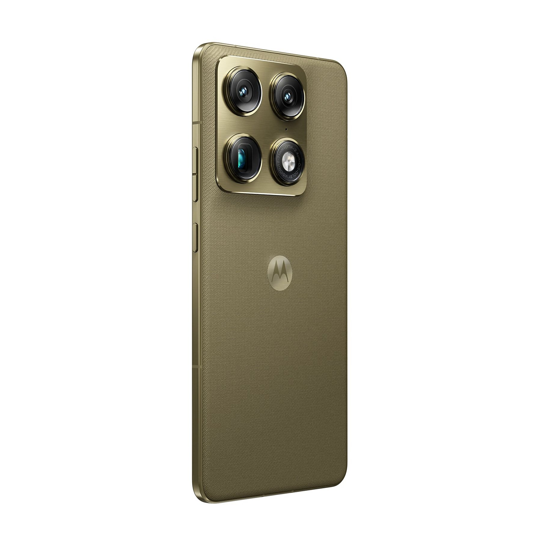 Złoty tył smartfona z czterema aparatami i logo Motorola.