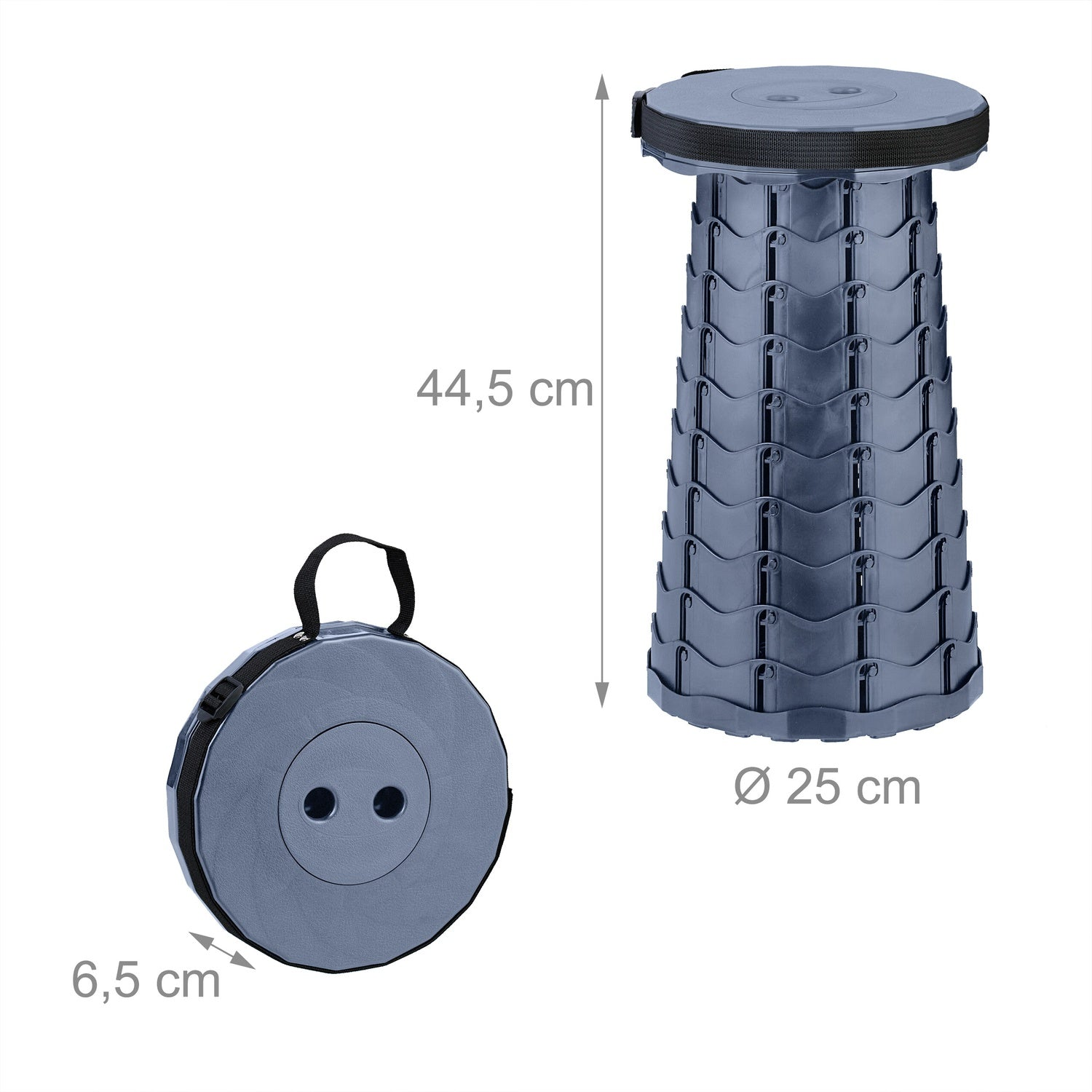 Un taburete plegable en gris, mostrado extendido y plegado, con dimensiones.