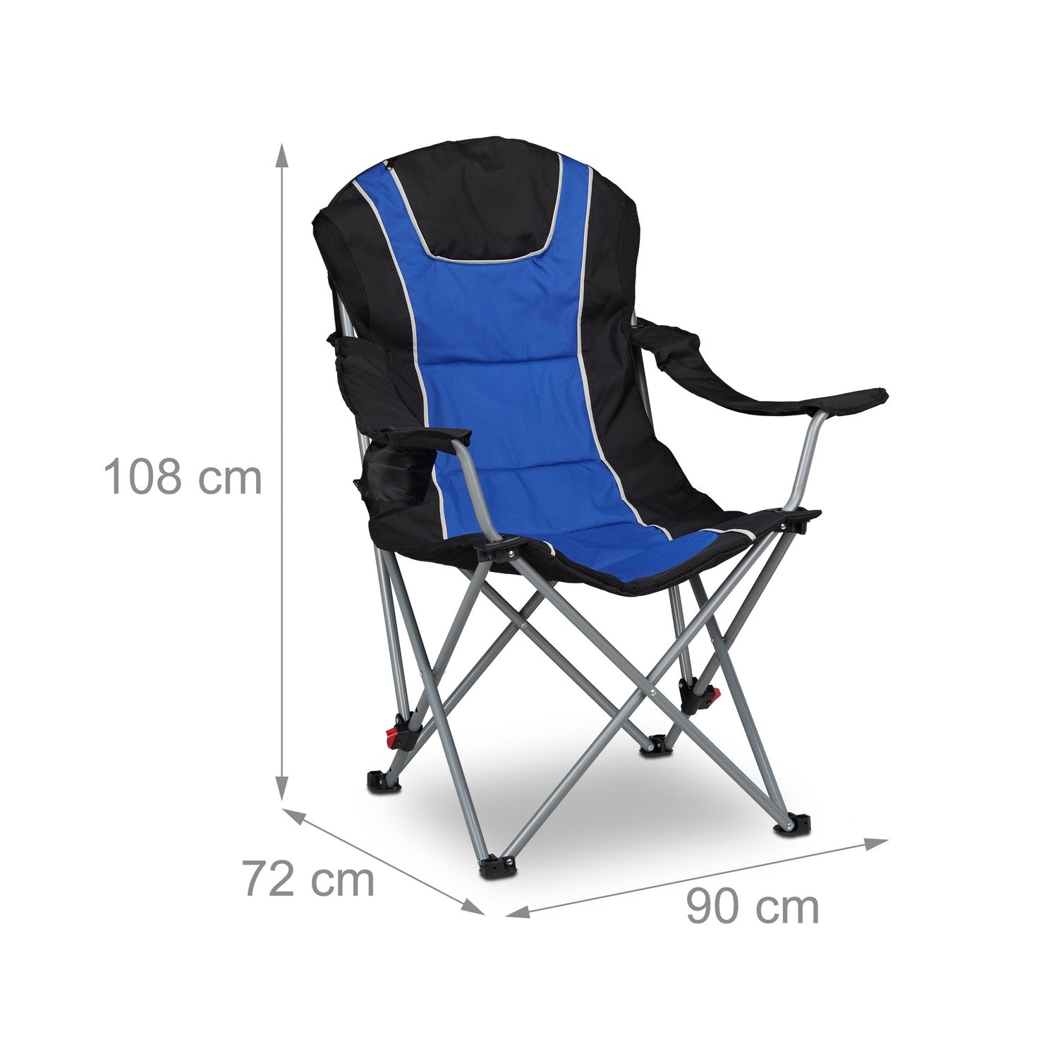 Una silla plegable azul y negra con marco metálico y reposabrazos.