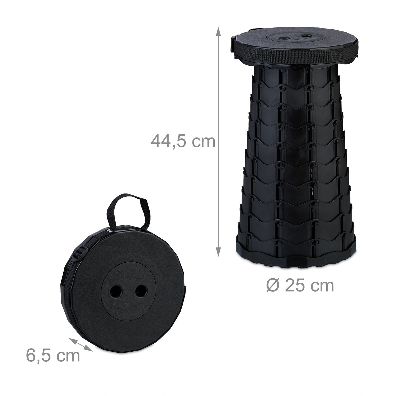 Taburete plegable negro mostrado extendido y plegado, con dimensiones.