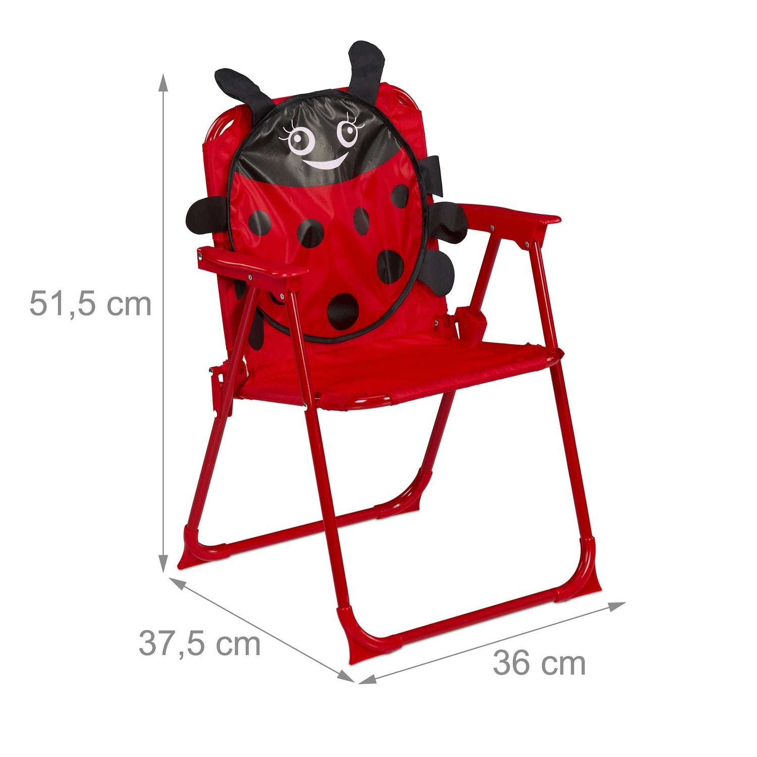 Una silla infantil roja con forma de mariquita, puntos negros y antenas.