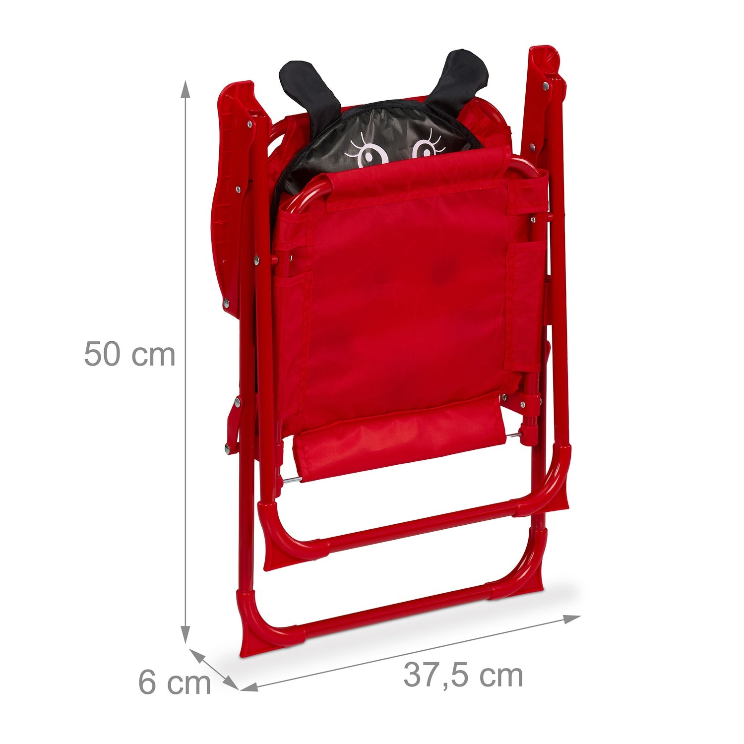 Una silla plegable roja con diseño de mariquita, plegada, con dimensiones.