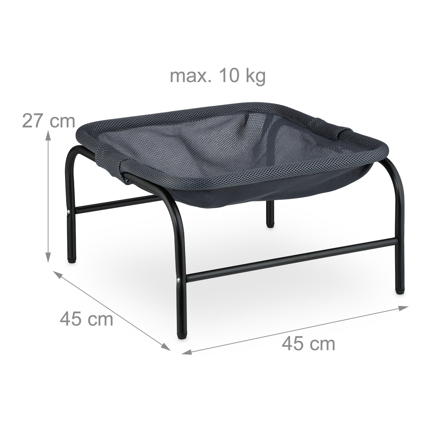 Cama de malla gris para mascotas en marco metálico negro, 45x45x27cm, 10kg.