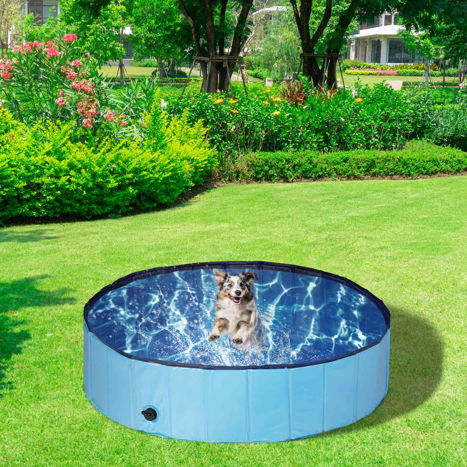 Un perro salta en una piscina inflable azul en un jardín verde con árboles.