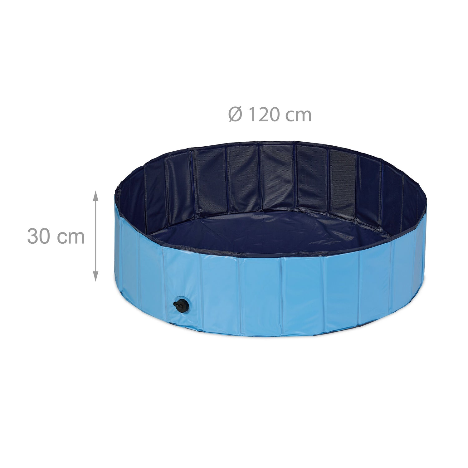 Una piscina infantil azul, redonda, de 120cm de diámetro y 30cm de alto.